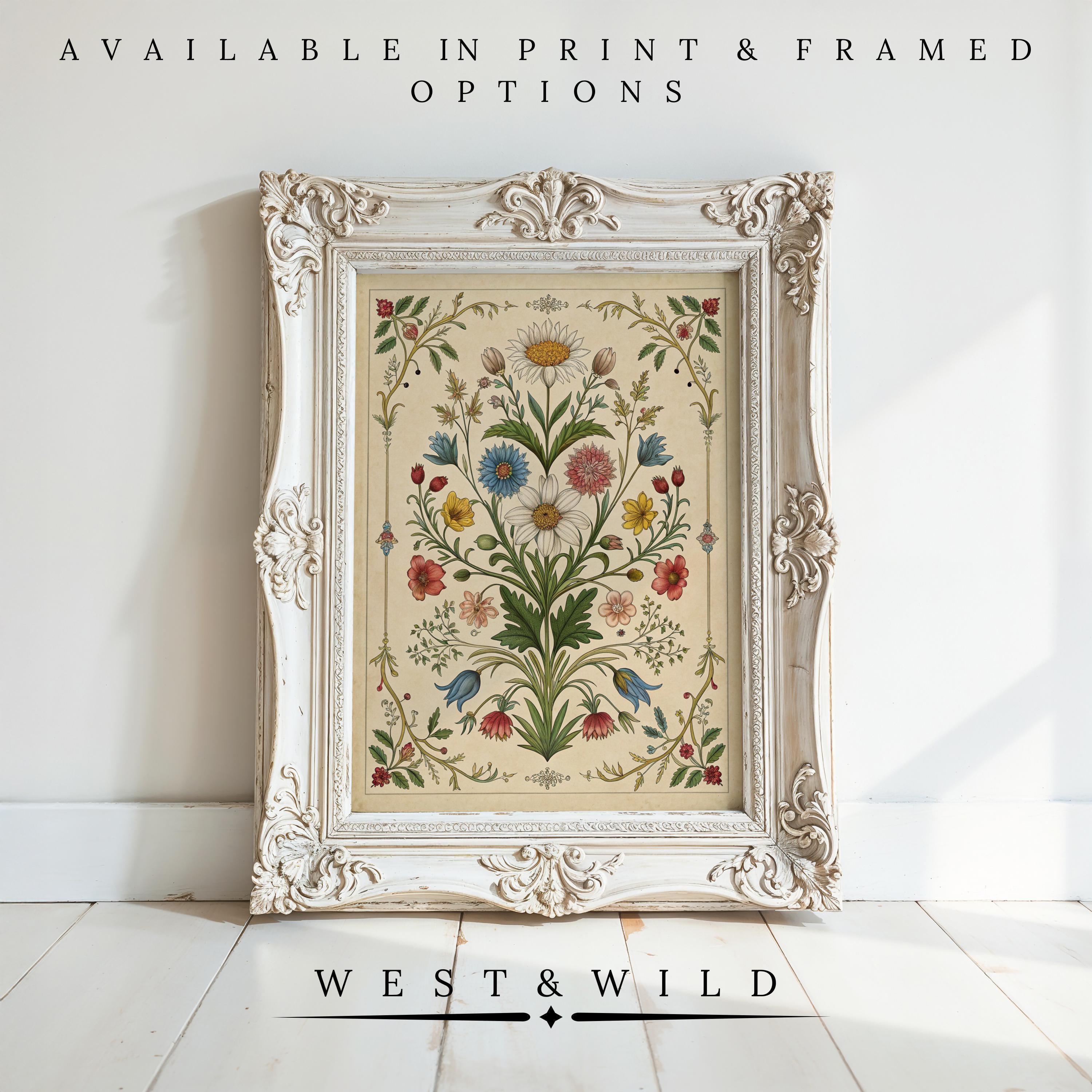 A Vintage Floral Wall Art print featuring Victorian botanical decor is propped against a white wall on a wooden floor. Available as Vintage Art Prints & Framed Flower Pictures from the West & Wild Art Archive.