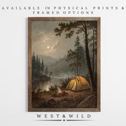 Campfire Wall Art – Cozy Campsite Painting with a glowing yellow tent by a lakeside under a moonlit sky and trees. Available as vintage art prints & framed art. Part of the West & Wild Art Archive.