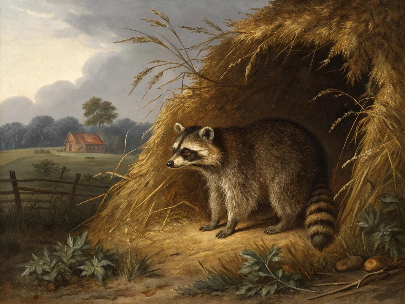 A raccoon stands by a straw-covered burrow amid lush plants, with a rural scene and red-roofed barn behind. This Vintage Raccoon Print - Haystack Painting Print offers rustic wall decor from the West & Wild Art Archive.