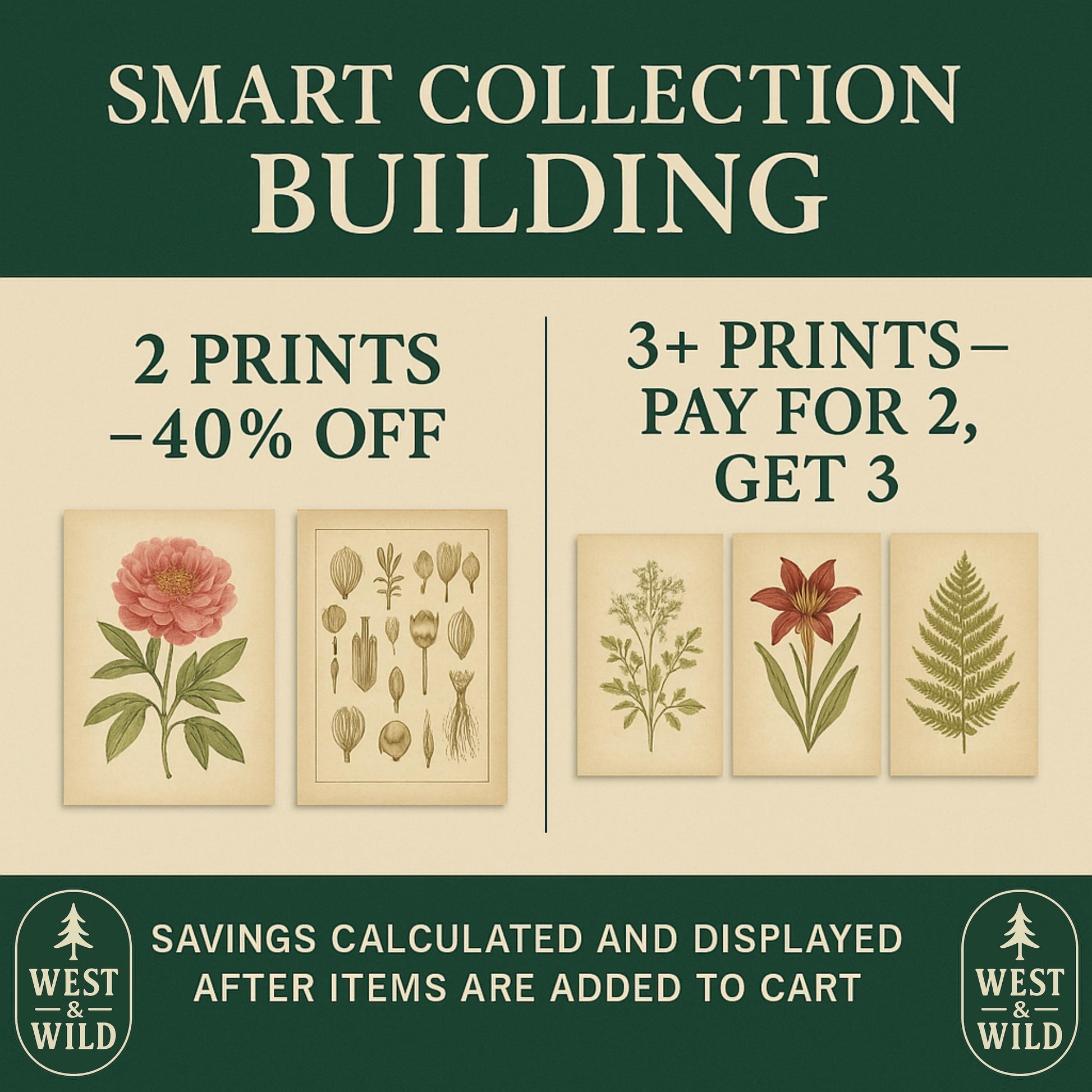 The image is an advertisement for a smart collection building, featuring two different offers for purchasing prints. The first offer is to buy 2 prints for 40% off, and the second offer is to pay for 2 prints and get 3 additional prints for the same price. The image also includes savings calculations and information about how to add items to a cart after making a purchase.