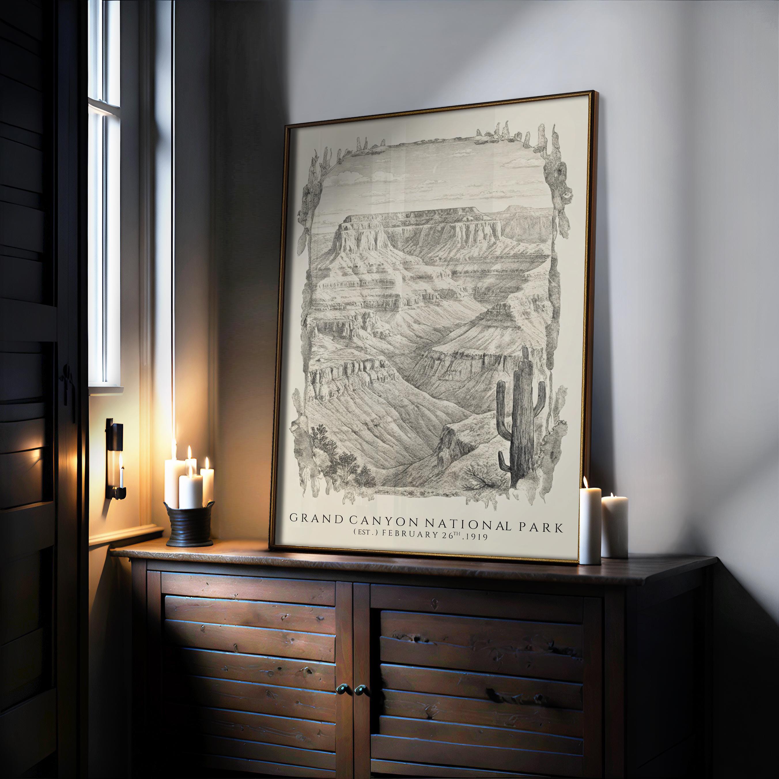 The Grand Canyon Poster – Vintage Wall Decor with Botanical Desert Art & Framed Retro Print from West & Wild leans on a wooden dresser amid candles, its monochrome cactus landscape bringing archival vintage charm to your space.
