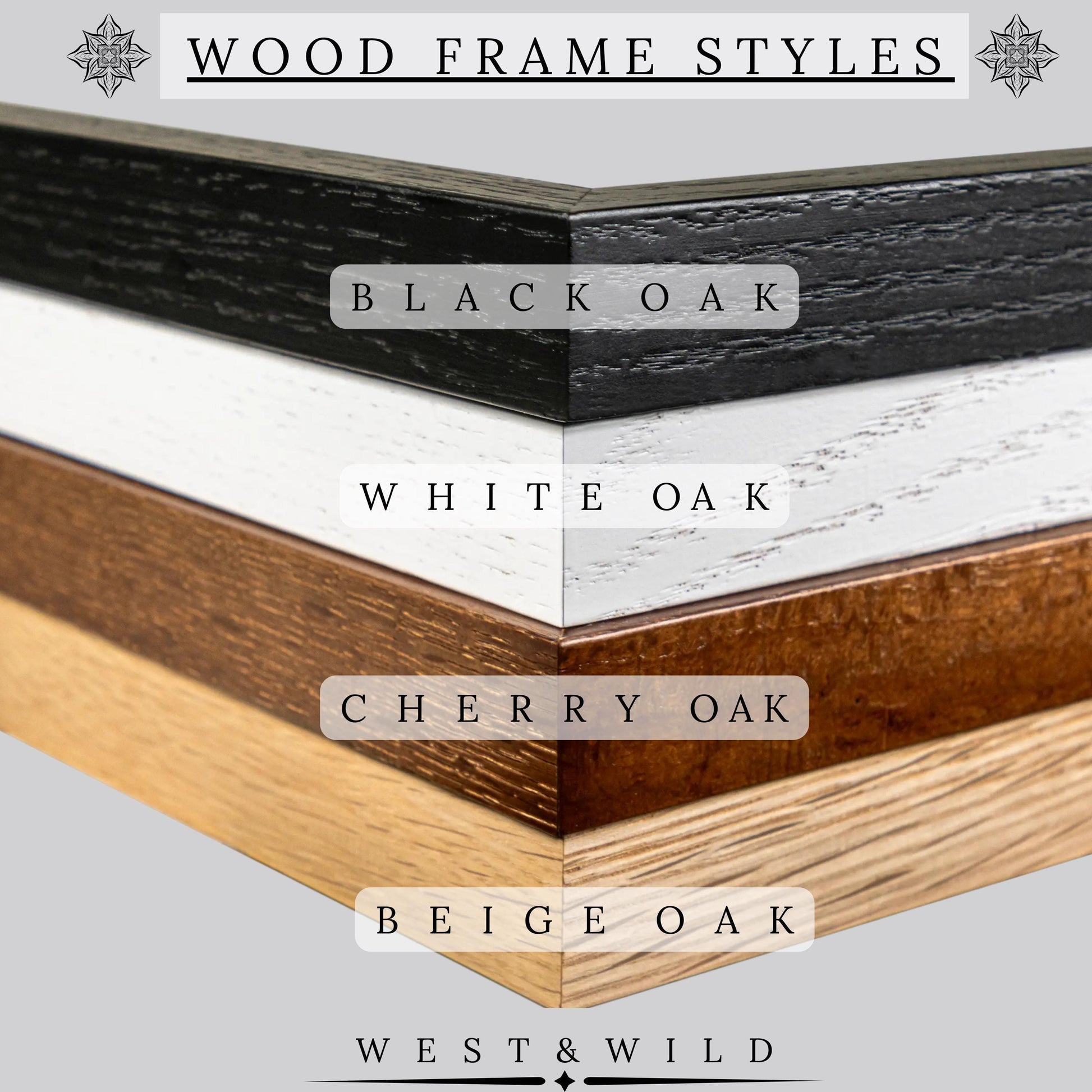 Four wood frame corners labeled Black Oak, White Oak, Cherry Oak, and Beige Oak surround the “Mississippi River Steamship Painting – Vintage Lithograph Art” by Currier and Ives. Framed prints by West & Wild Art Archive for your favorite vintage art.