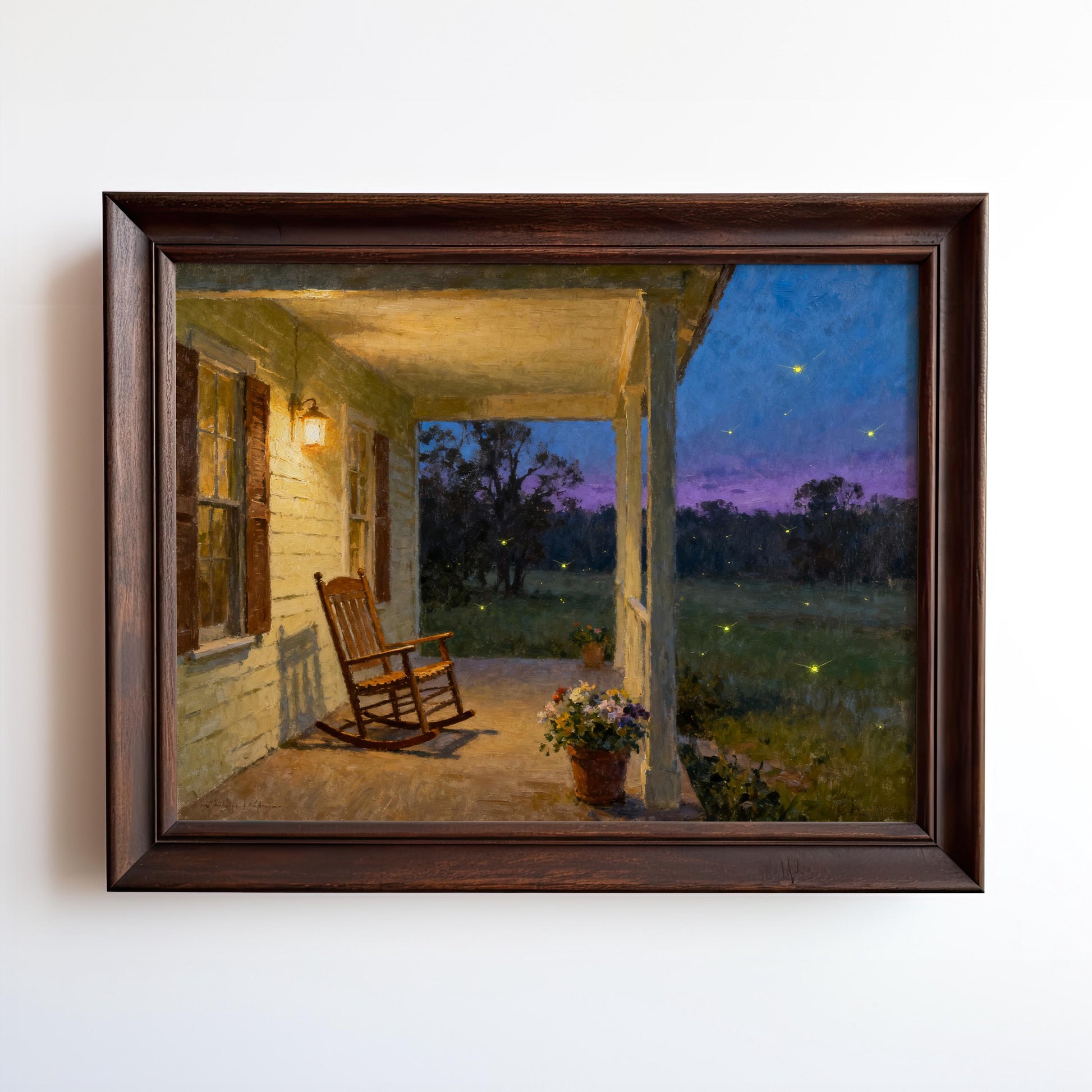 The Vintage Southern Porch Print features a rocking chair, potted flowers, and glowing fireflies at dusk, with warm house light brightening the twilight scene; available as framed or unframed vintage art.