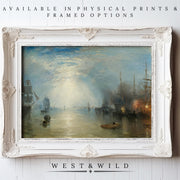 A framed Vintage Nautical Print – Moonscape Oil Painting shows ships at sunset on a white wooden wall. “West & Wild” appears below, with text above offering archival quality prints from the West & Wild Art Archive.