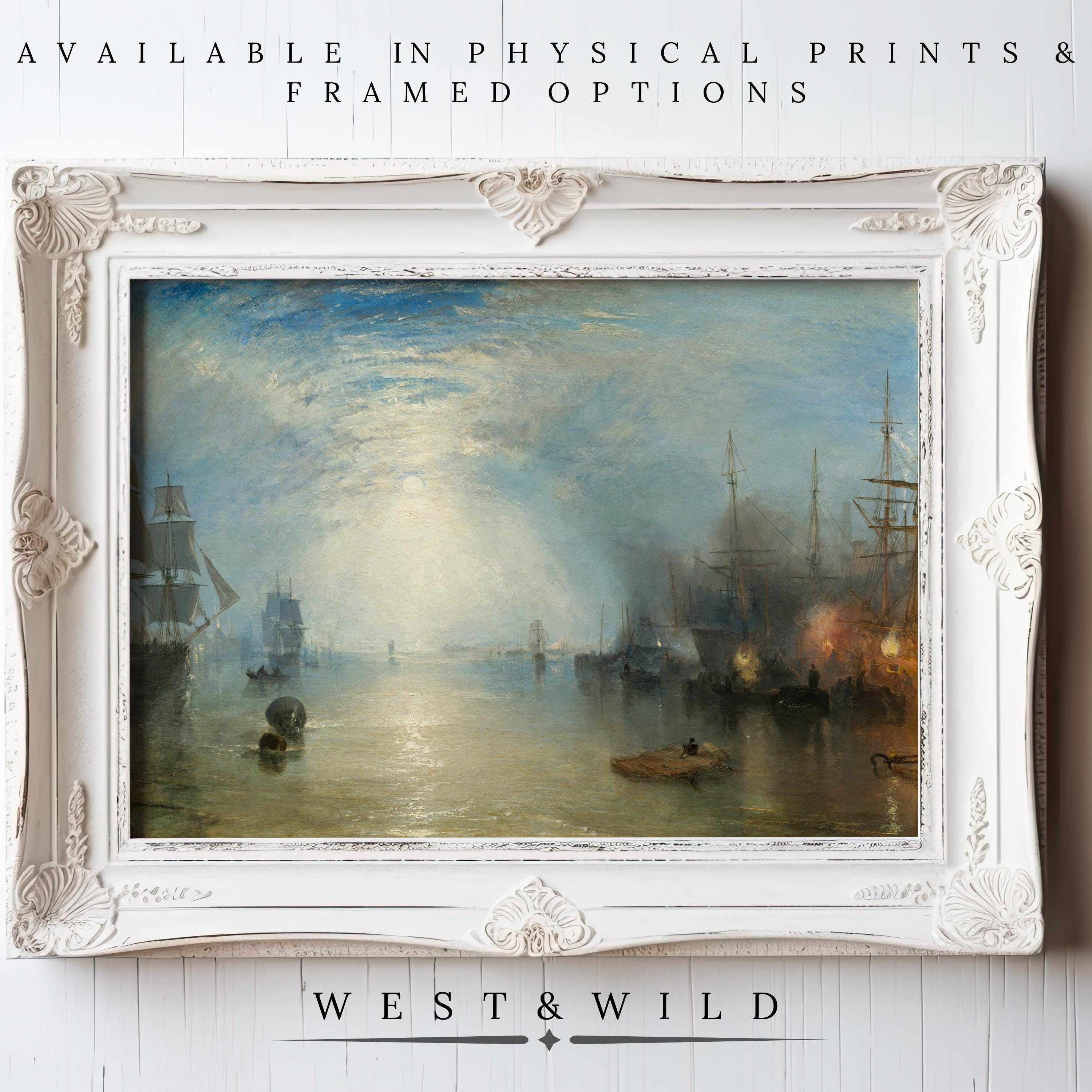 A framed Vintage Nautical Print – Moonscape Oil Painting shows ships at sunset on a white wooden wall. “West & Wild” appears below, with text above offering archival quality prints from the West & Wild Art Archive.