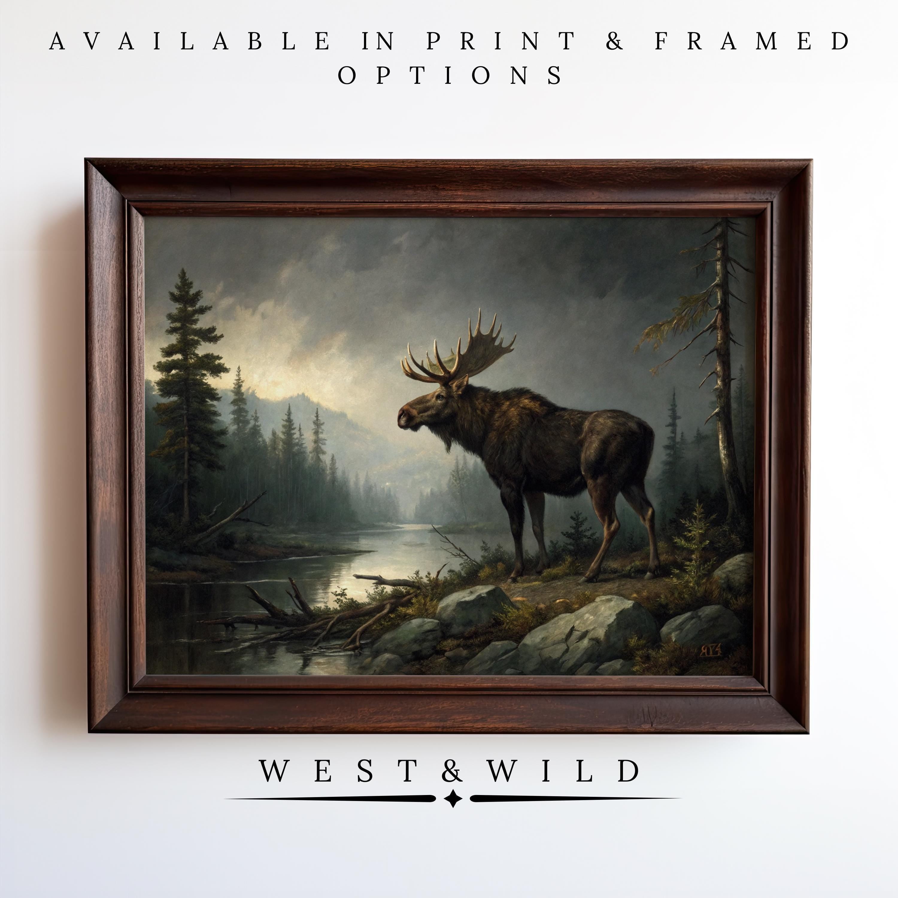 Moose Art Prints Featuring Alaskan Forest Painting—a moose by a river with mountains behind. Ideal for rustic cabin decor. Text above: “Available in Print & Framed Options.” Below: “West & Wild.”.