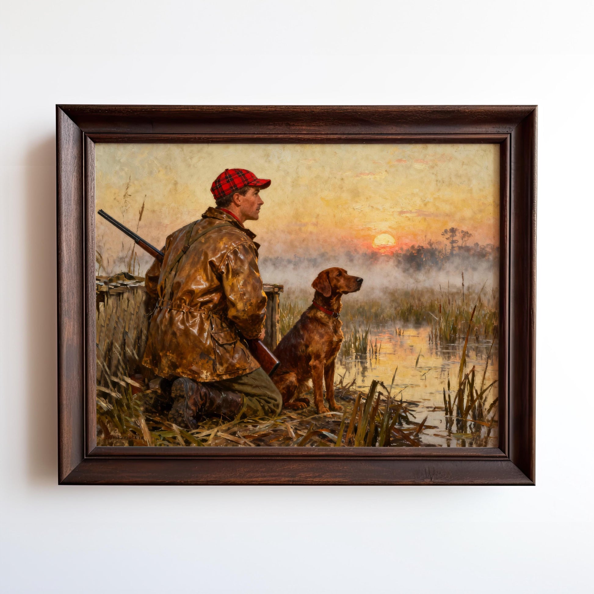 A man in a plaid hat and jacket sits on the ground, holding a rifle, with a dog beside him, in a serene landscape with a sunset in the background.