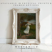 A Victorian style ornate white frame showcases a Classic Farm Painting vintage art print of a woman in white outdoors by a building. Available as physical prints and framed options. West & Wild Art Archive.