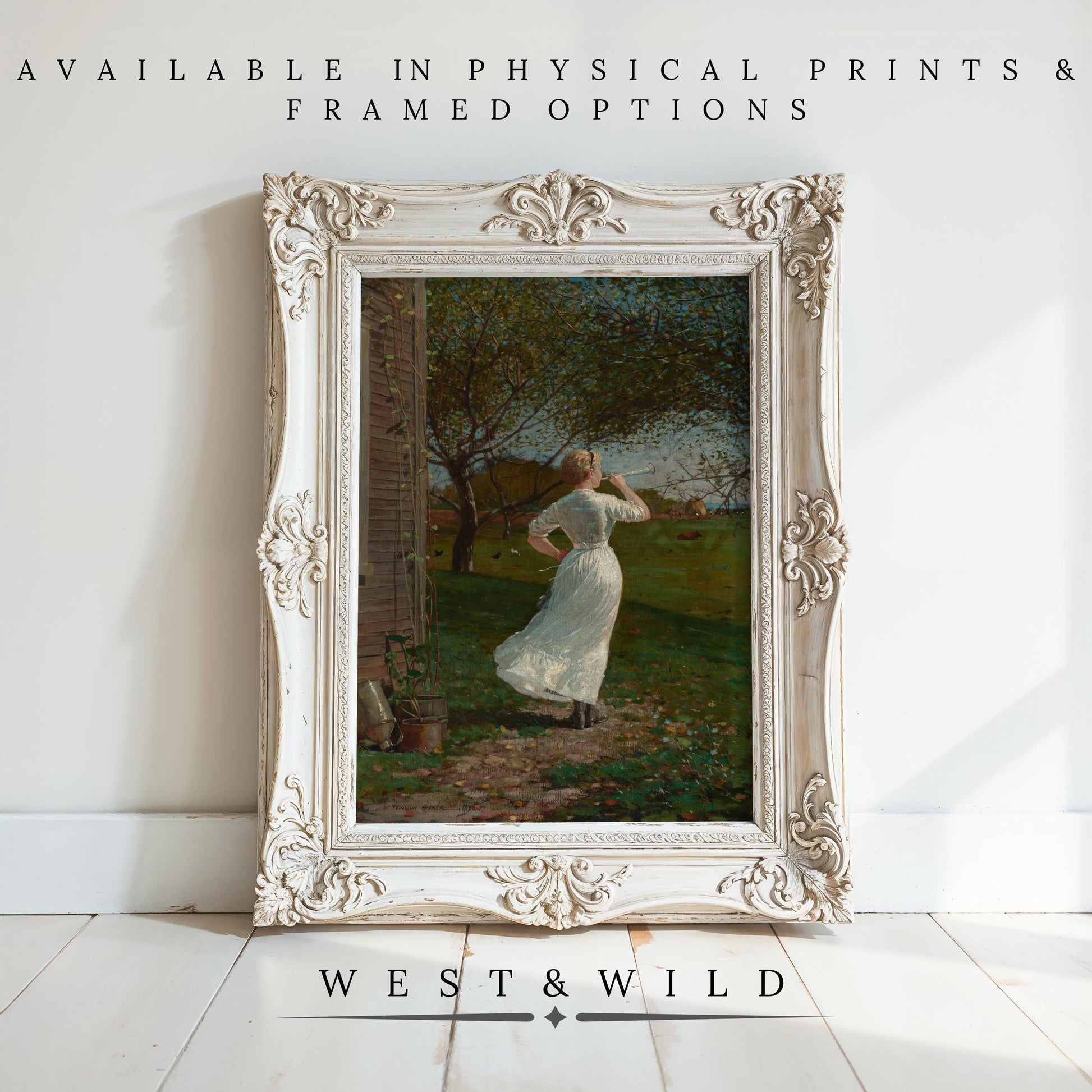 A Victorian style ornate white frame showcases a Classic Farm Painting vintage art print of a woman in white outdoors by a building. Available as physical prints and framed options. West & Wild Art Archive.
