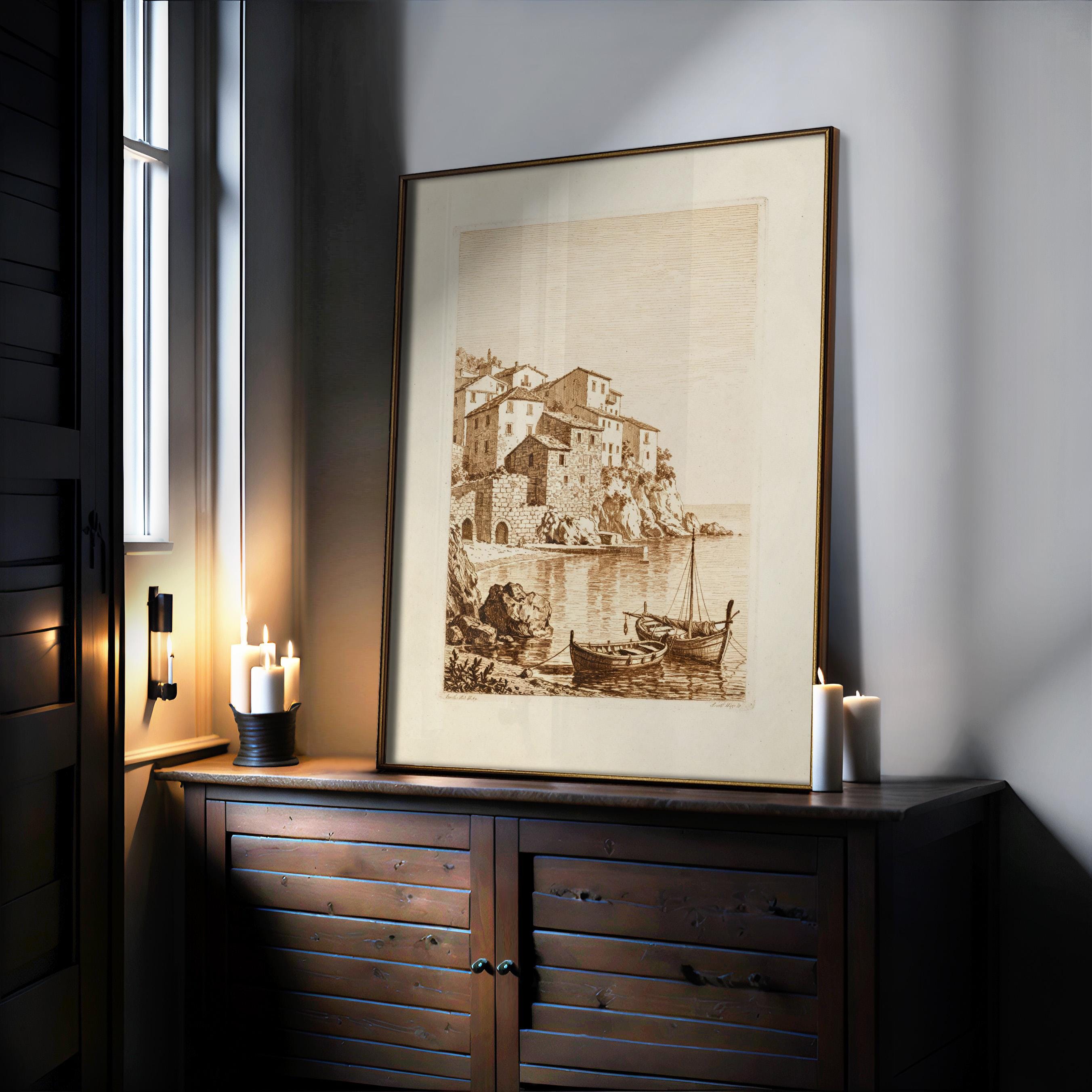 a large framed print of a coastal scene with boats, placed on a wooden cabinet or dresser in a dimly lit room.