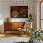 A cozy living room features a mid-century chair, wooden sideboard, lamp, plant, and the Warm Terracotta Floral Print – Midcentury Wall Art With Glowing Amber Blooms. Available as vintage art prints & framed art from West & Wild Art Archive.