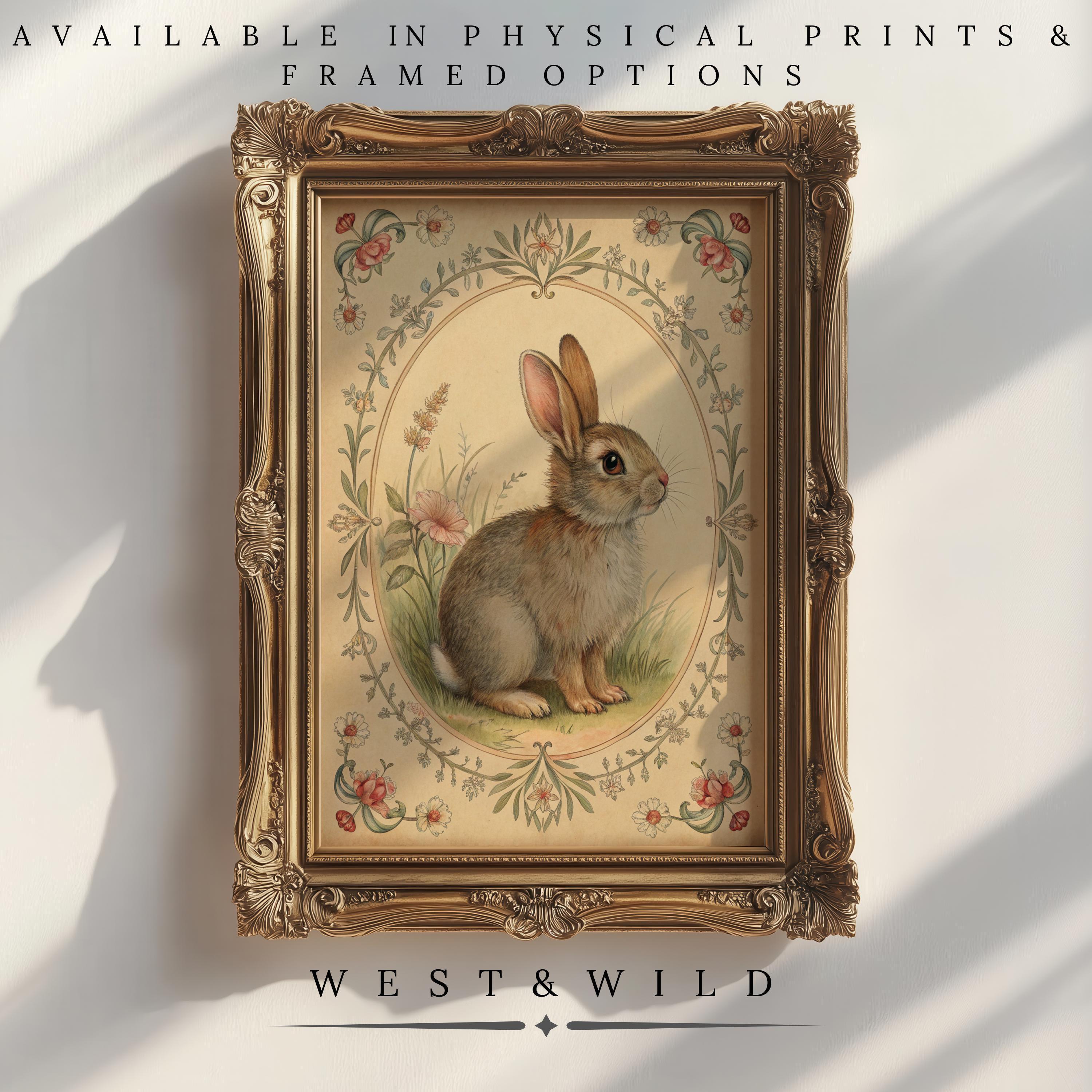 The Vintage Baby Rabbit Print – Nursery Wall Art With Wood Frame Options features a brown rabbit with ornate florals, perfect for nurseries. Available as physical prints or framed. "West & Wild" is displayed below the design.