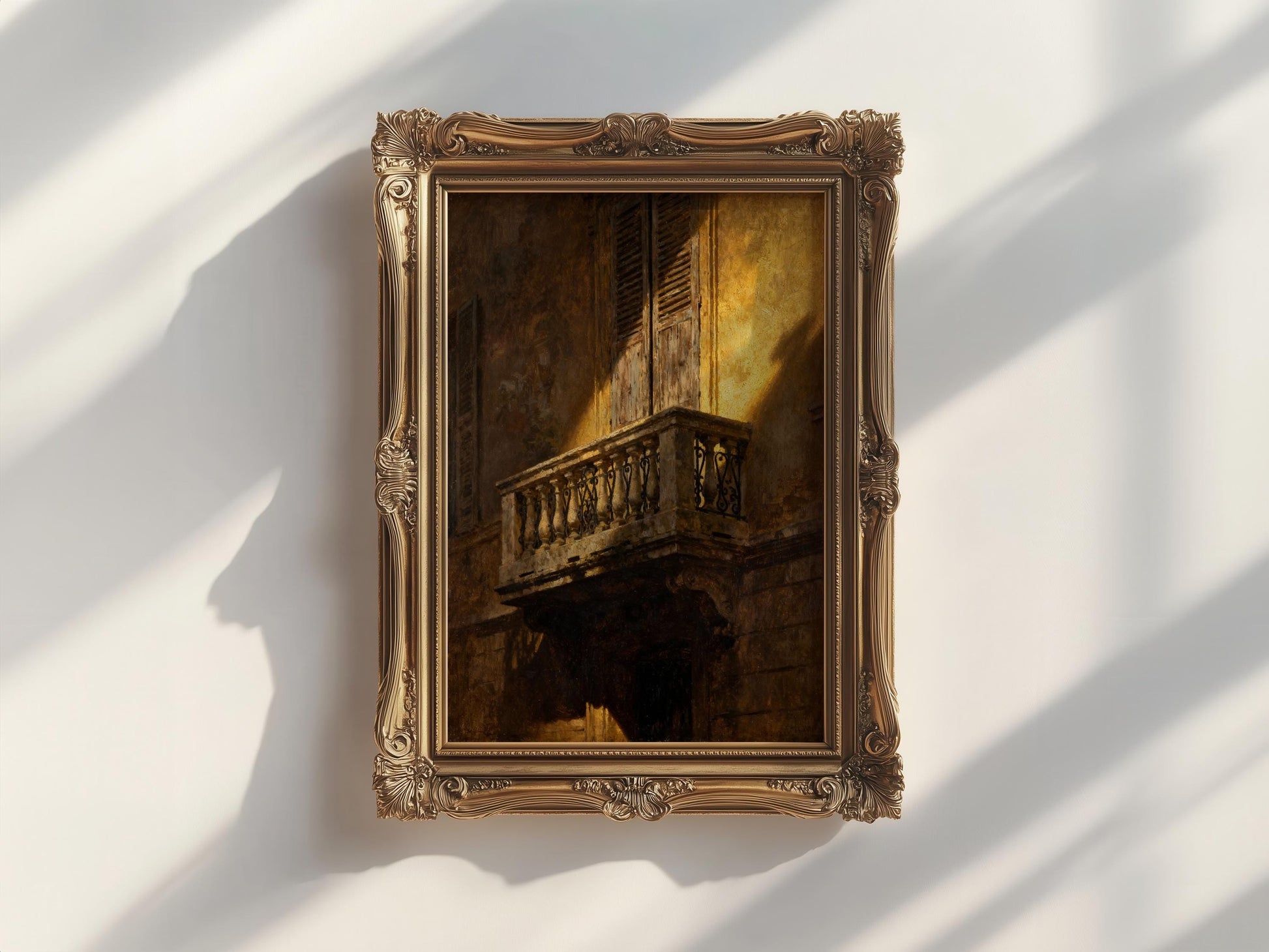 a painting of a balcony with a wooden frame, hanging on a white wall.