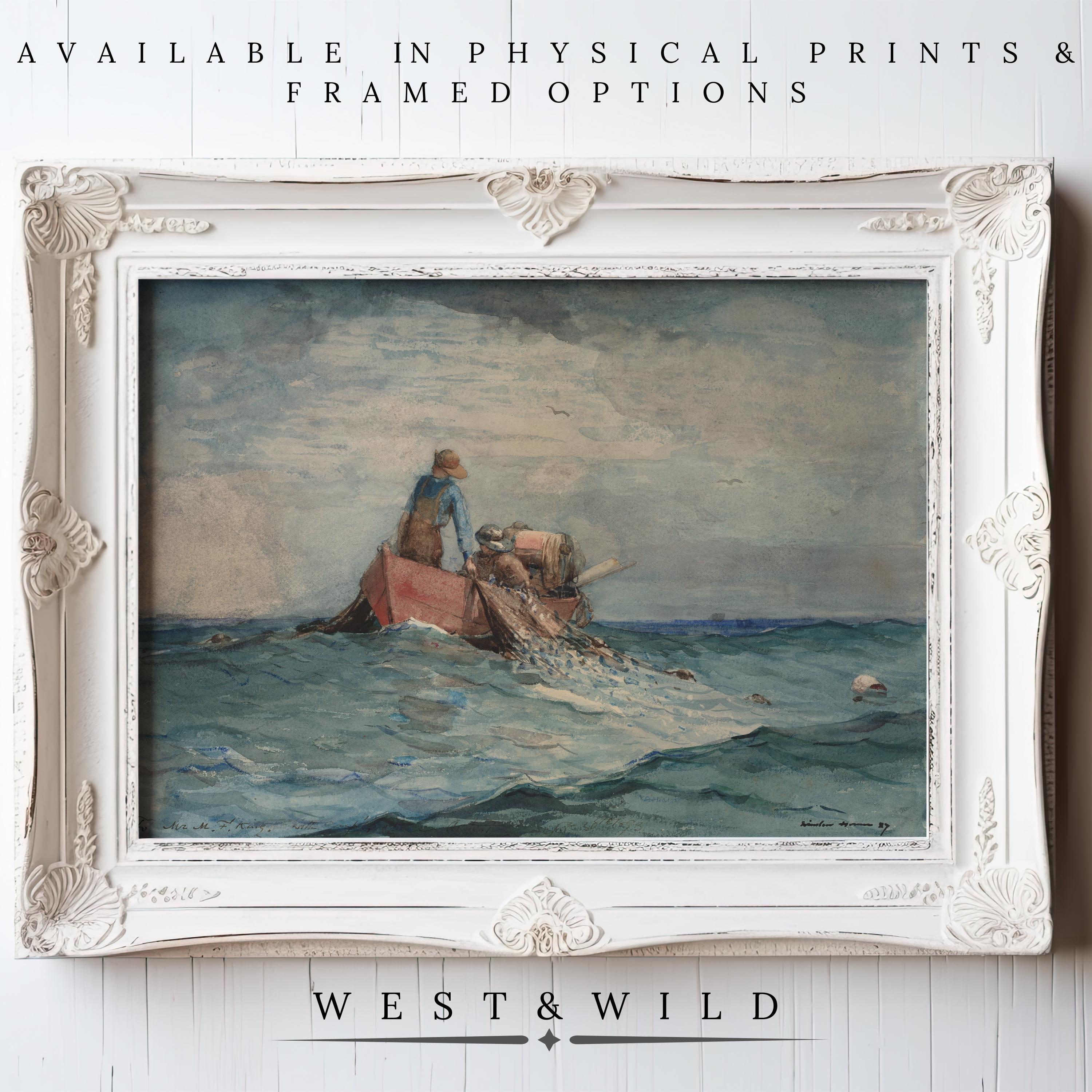 A framed "Vintage Fishing Watercolor – Classic Artwork" print depicts two people fishing on blue-green water in an ornate white frame, highlighting West & Wild's archival-quality vintage art prints and framing options.