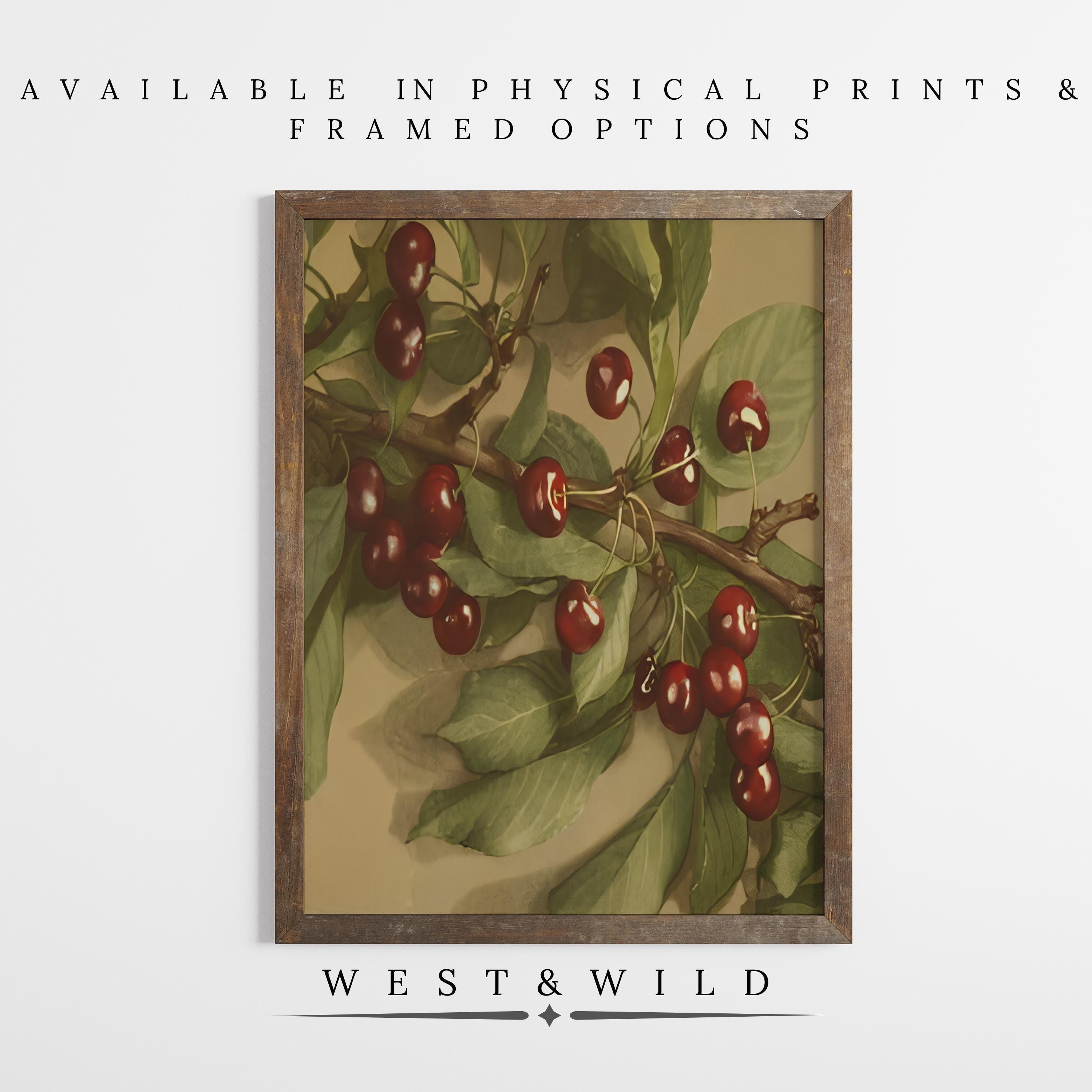 The Vintage Kitchen Prints – Framed Cherry Art Print showcases vibrant red cherries and green leaves. Ideal for vintage or farmhouse kitchen decor. Available in physical prints & framed options. Art reads: West & Wild.