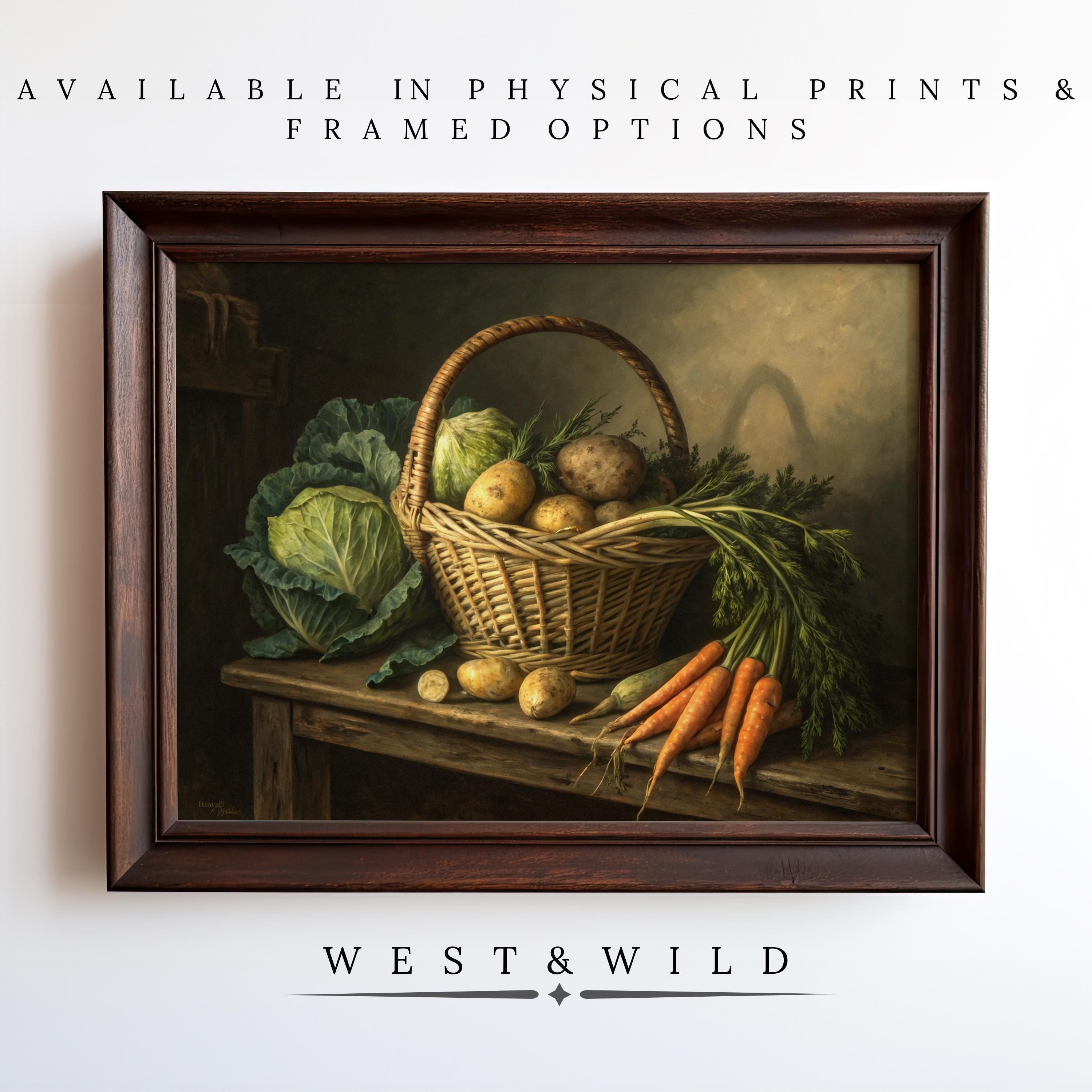 Vintage Garden Prints – Framed Rustic Kitchen Decor with a basket of potatoes, carrots, onions & leafy greens. Available in archival quality prints & framed art. From West & Wild Art Archive.