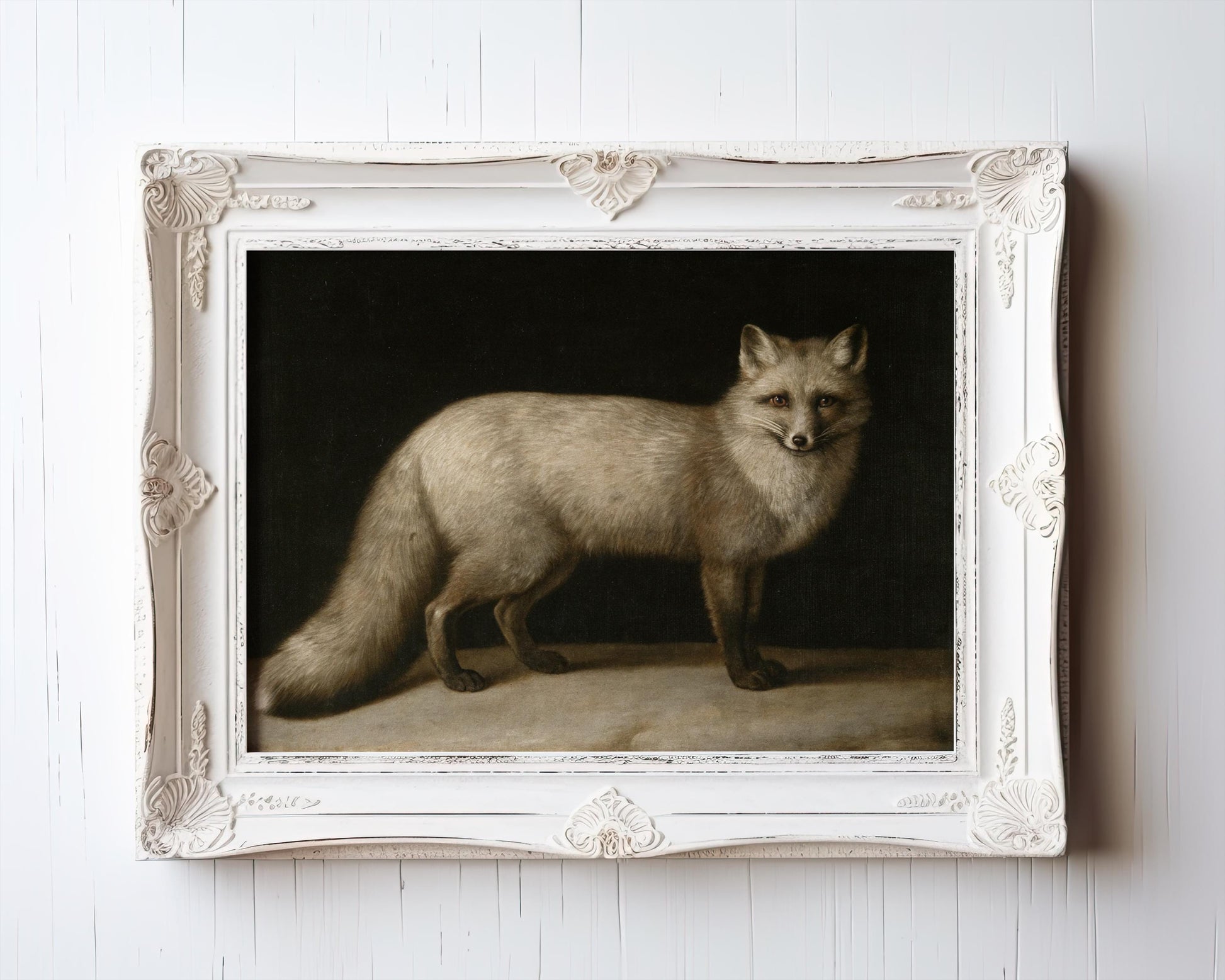 The Vintage Fox Art Print features a standing fox with a bushy tail against a forest background, printed on archival matte paper. This framed artwork from West & Wild Art Archive adds charm to any space.