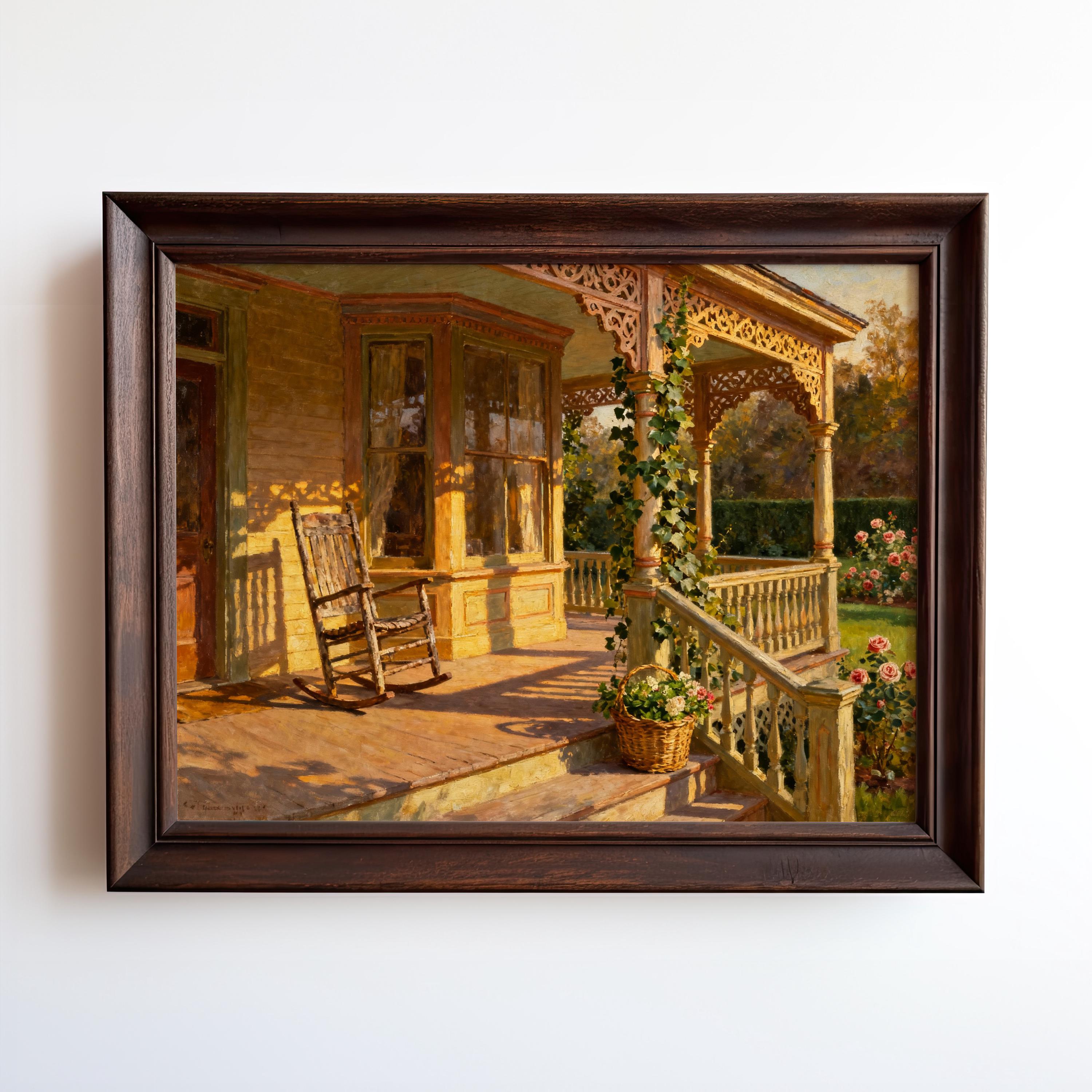 The image is a painting of a porch with a rocking chair, surrounded by a lush garden with flowers and greenery.