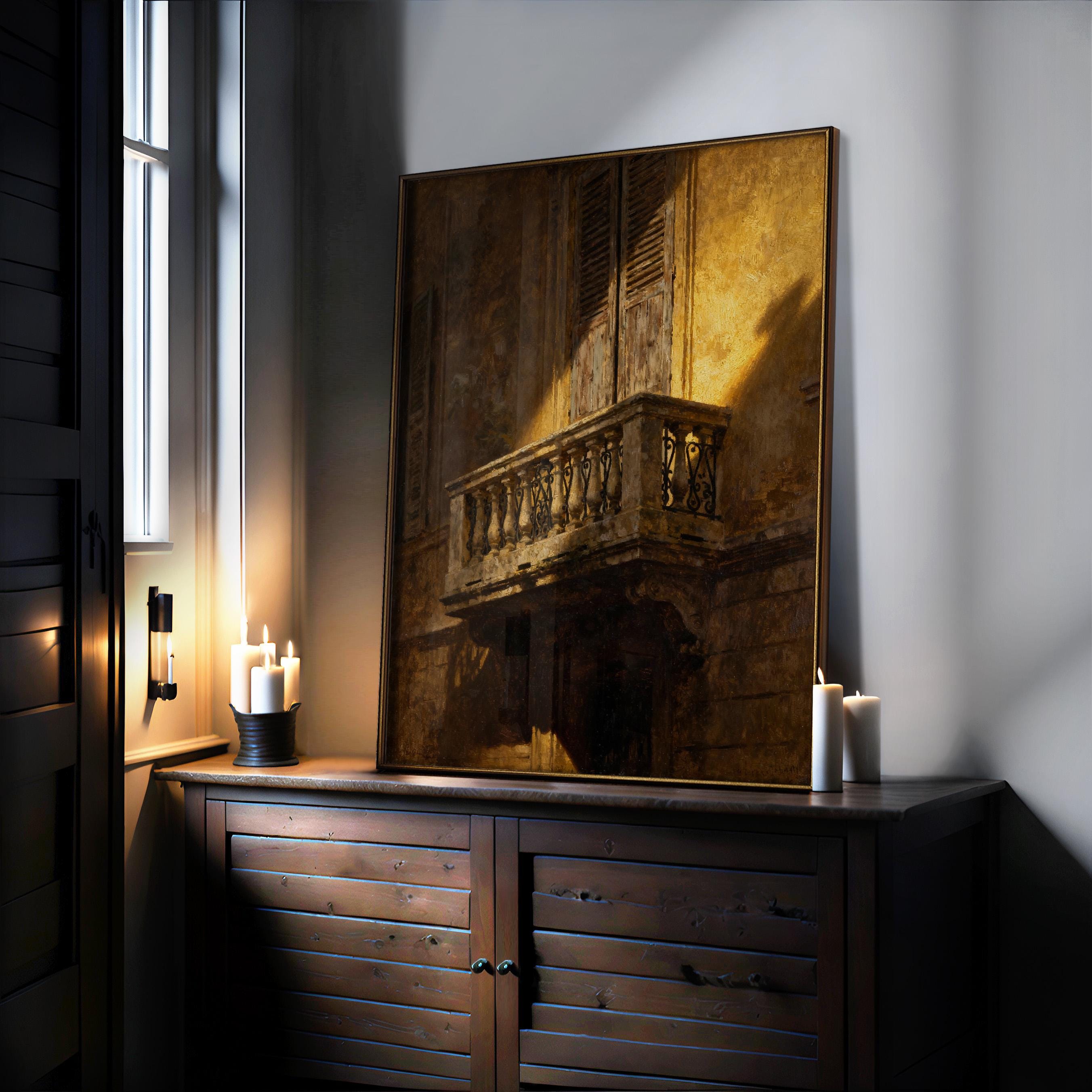 a large painting of a balcony with a wooden railing, displayed on a wooden cabinet or dresser. The painting is illuminated by candlelight, creating a warm and cozy atmosphere in the room.