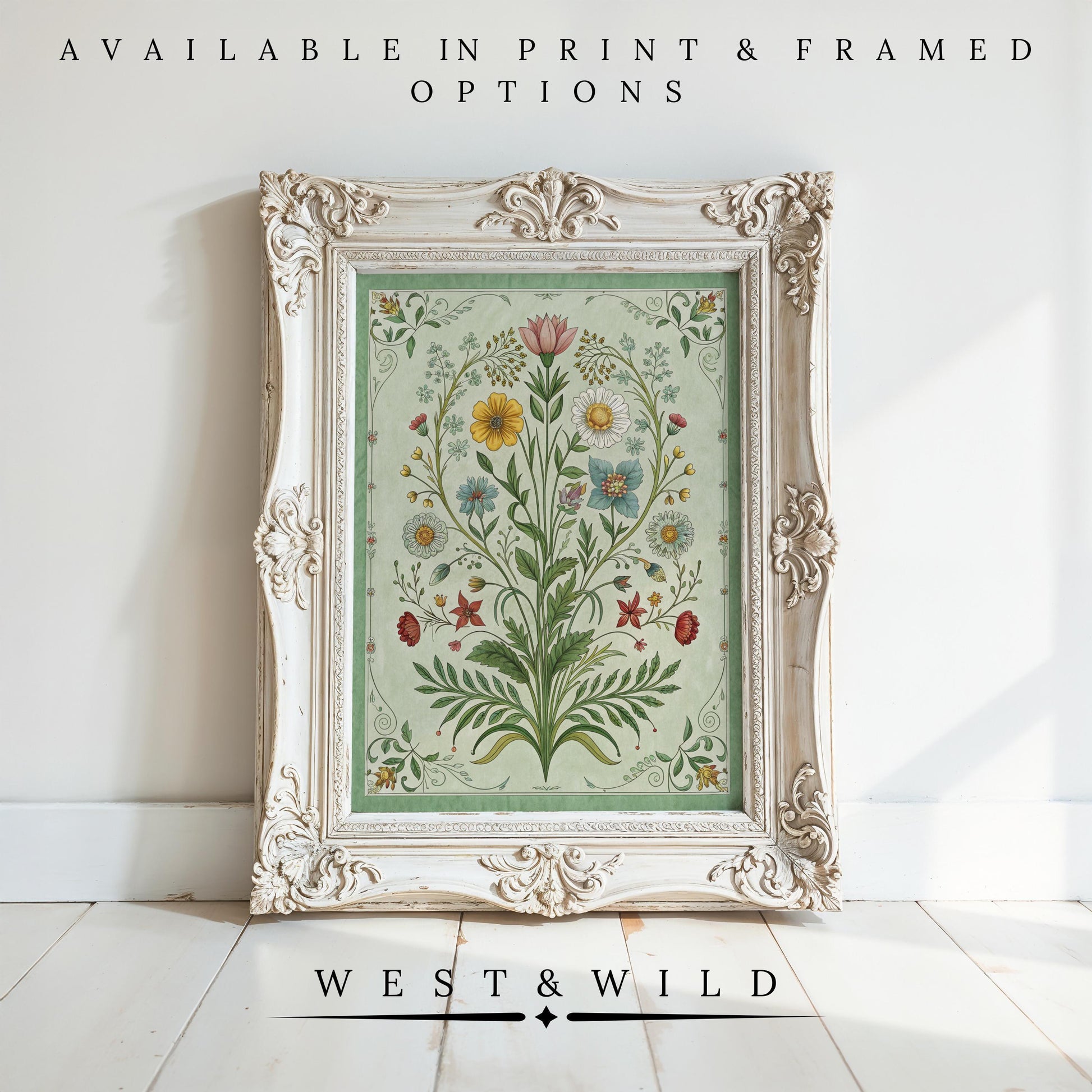 Vintage Botanical Art – Antique Floral Painting with wood frame options features a colorful floral print on pale green. Available as vintage art prints or framed art from the West & Wild Art Archive.