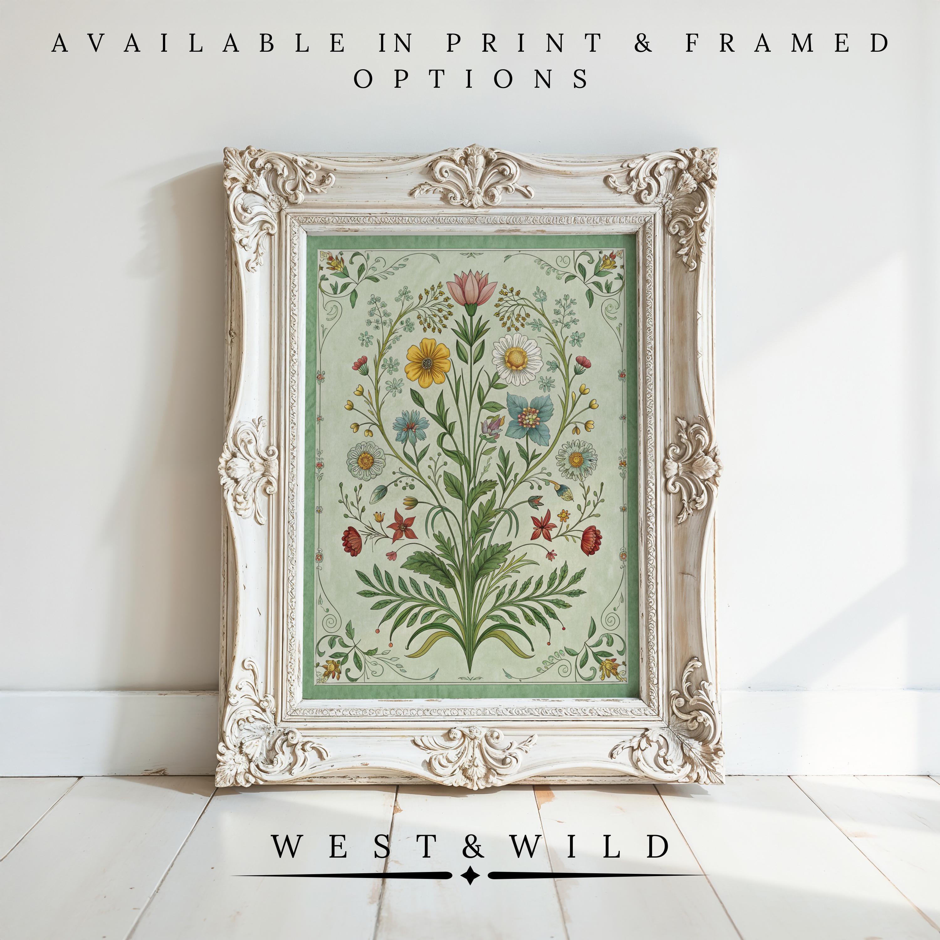 Vintage Botanical Art – Antique Floral Painting with wood frame options features a colorful floral print on pale green. Available as vintage art prints or framed art from the West & Wild Art Archive.