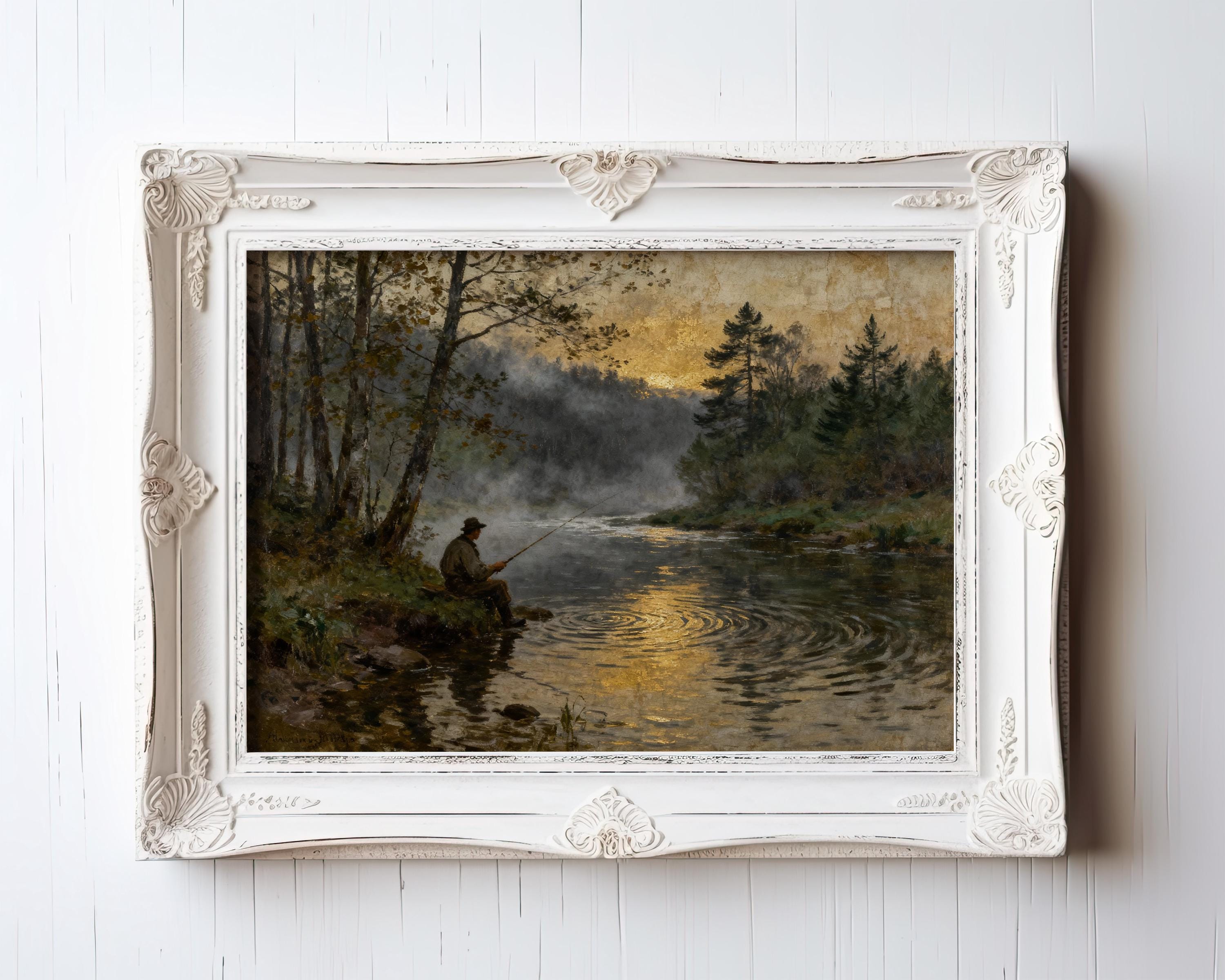 A painting of a man fishing in a river, surrounded by trees and a misty, golden-hued sky.