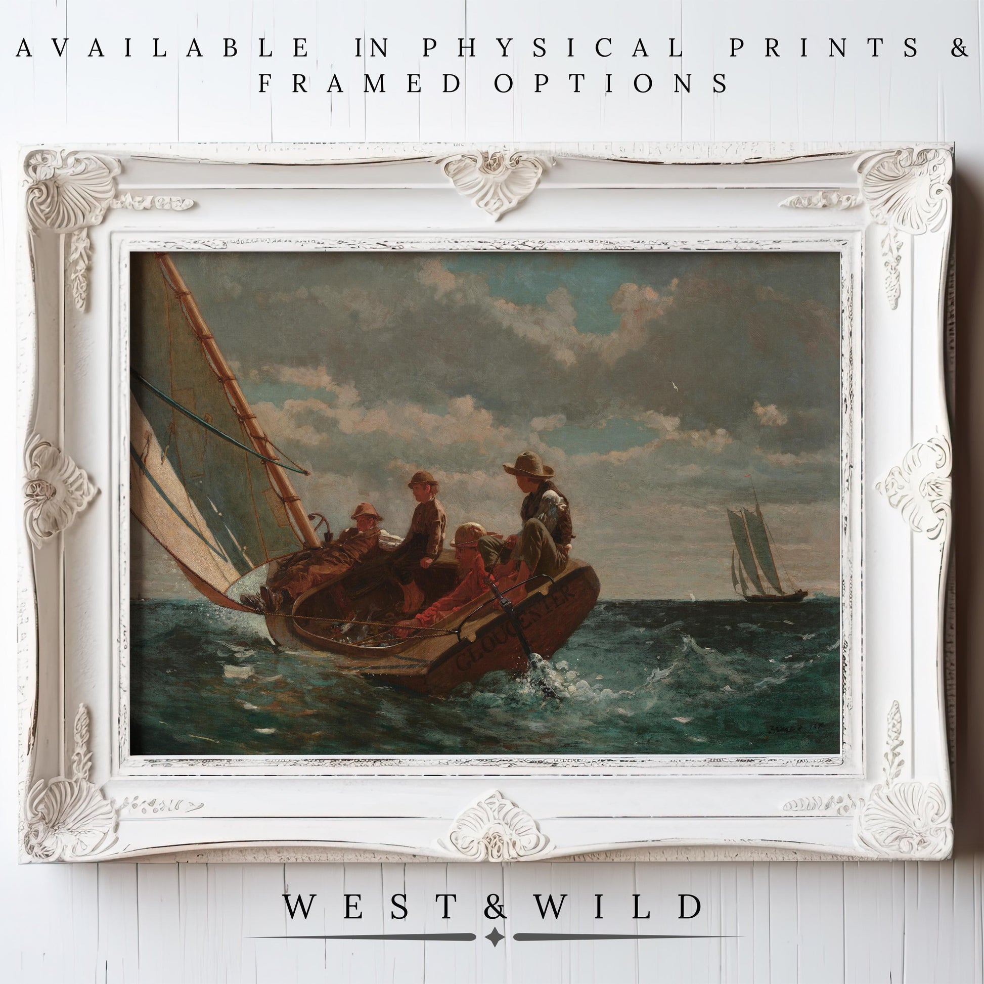 Classic Sailing Painting - Vintage Sailer Art & 19th Century Maritime Wall Art: features four people sailing on choppy water under clouds, with another sailboat afar. Available as physical prints and framed art. Below: "WEST & WILD Art Archive.
