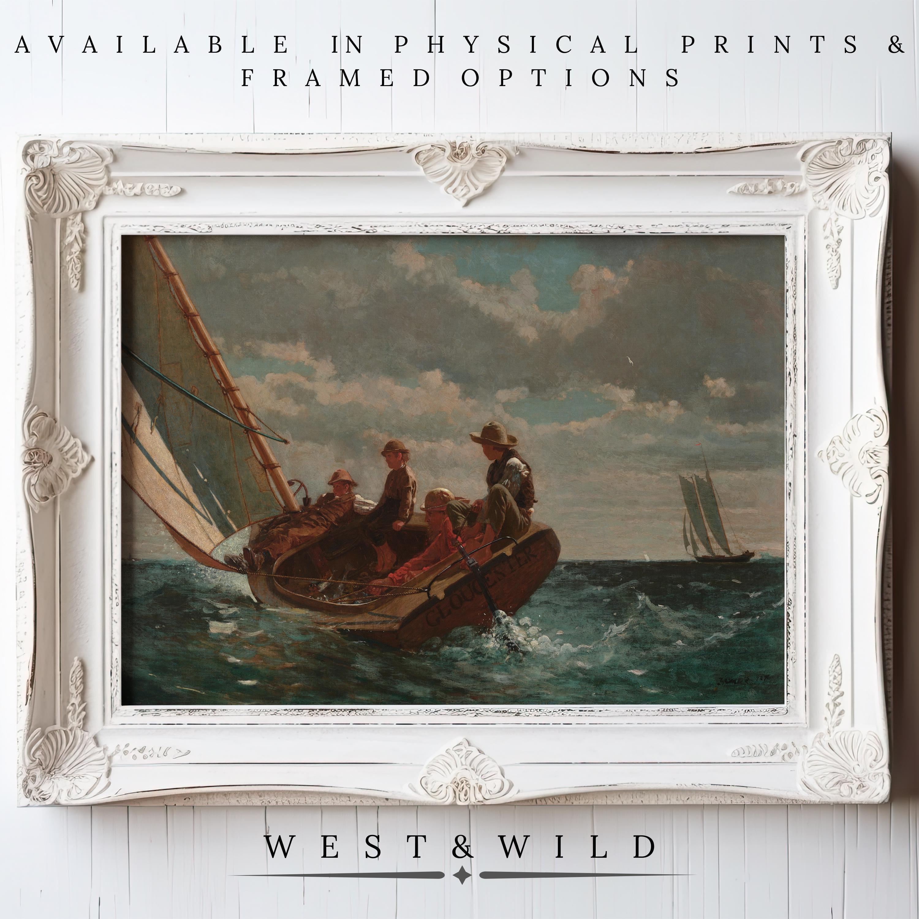 Classic Sailing Painting - Vintage Sailer Art & 19th Century Maritime Wall Art: features four people sailing on choppy water under clouds, with another sailboat afar. Available as physical prints and framed art. Below: "WEST & WILD Art Archive.