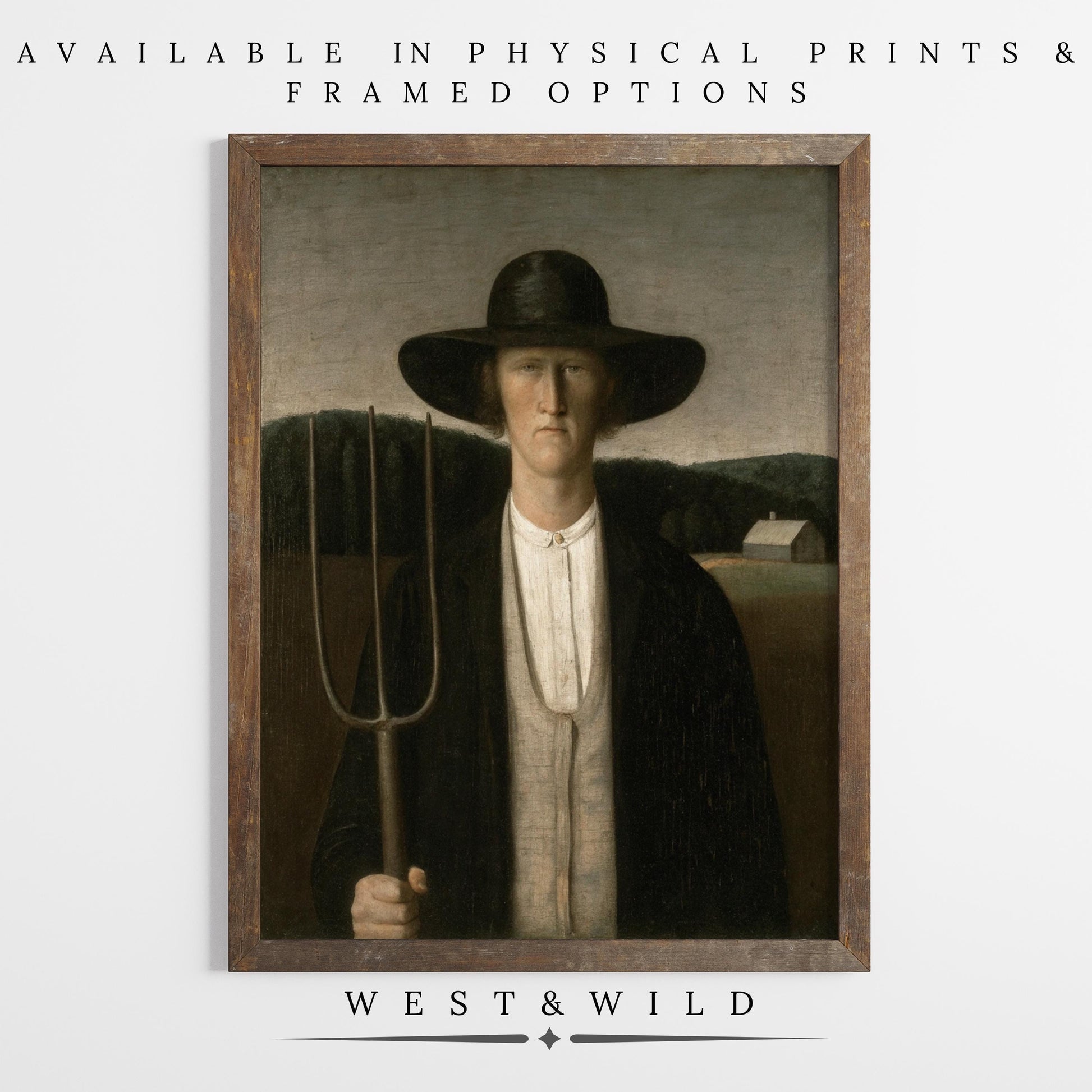 A framed "Farmer with Pitchfork Art Print – Classic Amish Portrait" from West & Wild Art Archive, featuring a stern figure in a wide-brimmed black hat, is displayed on a white wall. Above is info about print and framing options.