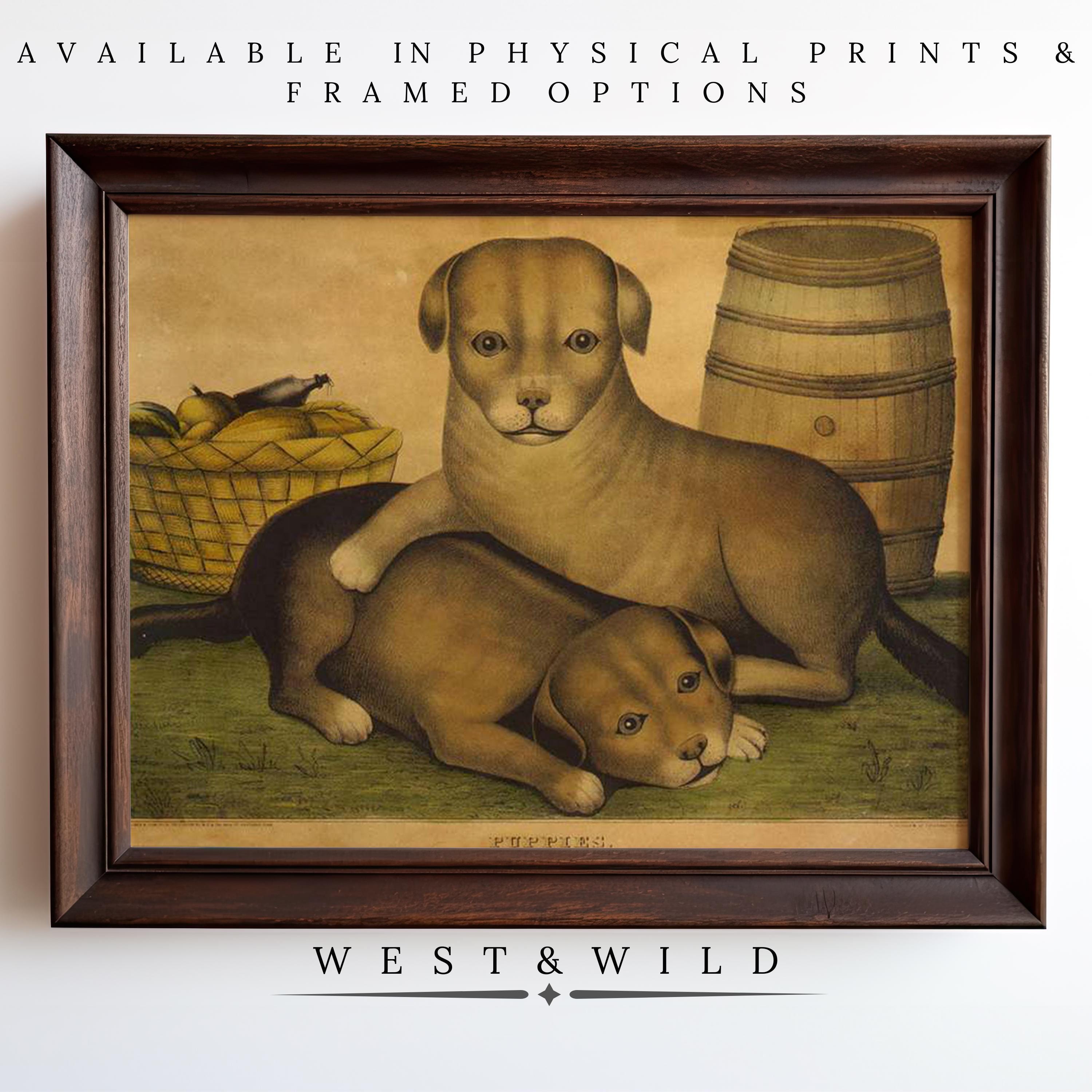 Framed Vintage Puppy Painting – Antique wall art showing two puppies with fruit and a barrel. Available as vintage art prints & framed pieces. Classic puppy artwork for cottage core gifts from West & Wild Art Archive.