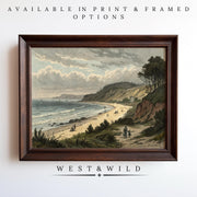 Framed Victorian Beach Wall Art featuring an antique coastal scene with cliffs, trees, and beachgoers. This archival-quality classic artwork is available as a print or framed from West & Wild’s Vintage Art Prints collection.