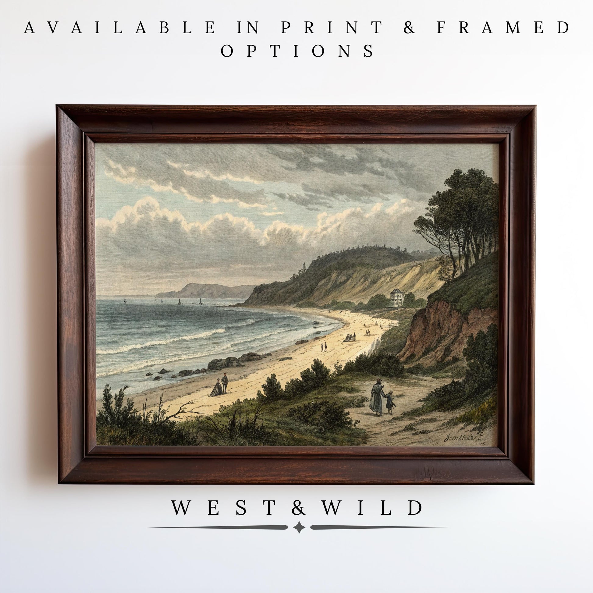 Framed Victorian Beach Wall Art featuring an antique coastal scene with cliffs, trees, and beachgoers. This archival-quality classic artwork is available as a print or framed from West & Wild’s Vintage Art Prints collection.