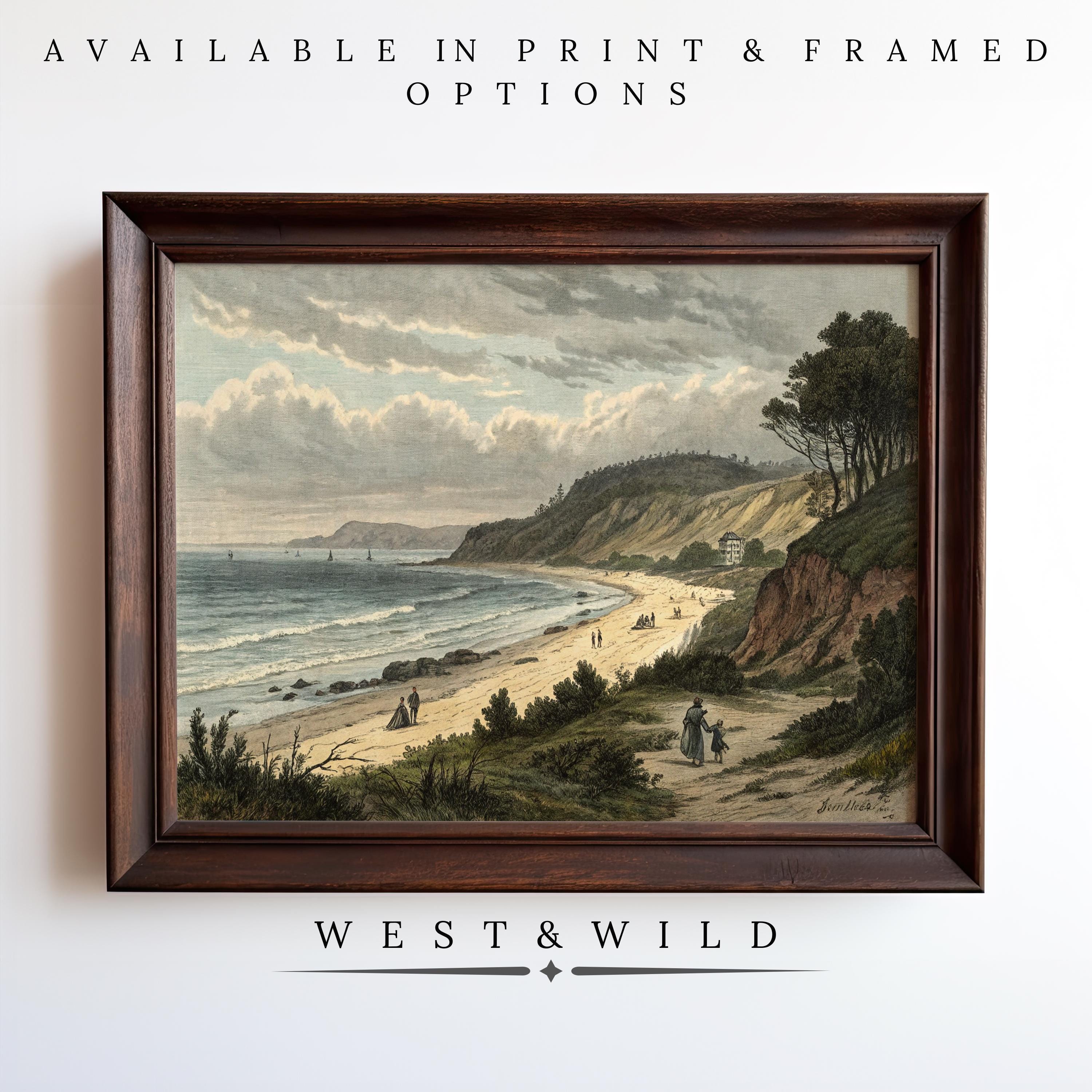 Framed Victorian Beach Wall Art featuring an antique coastal scene with cliffs, trees, and beachgoers. This archival-quality classic artwork is available as a print or framed from West & Wild’s Vintage Art Prints collection.