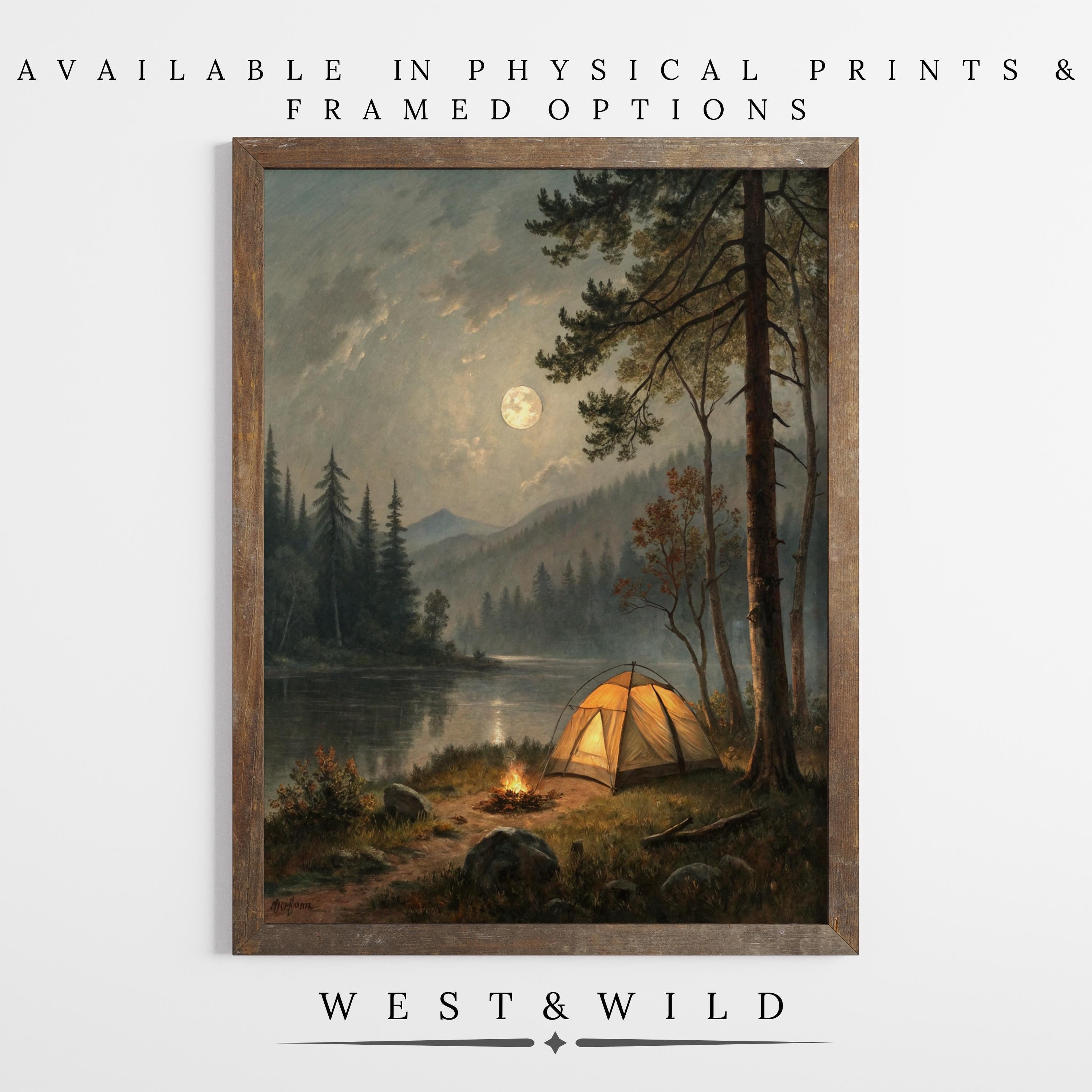 Bring the outdoors in with our Camping Wall Art - Moonlit Forest & Lake print, featuring a glowing tent and campfire by a moonlit lake. Choose vintage-style art prints or framed art from the West & Wild Art Archive.