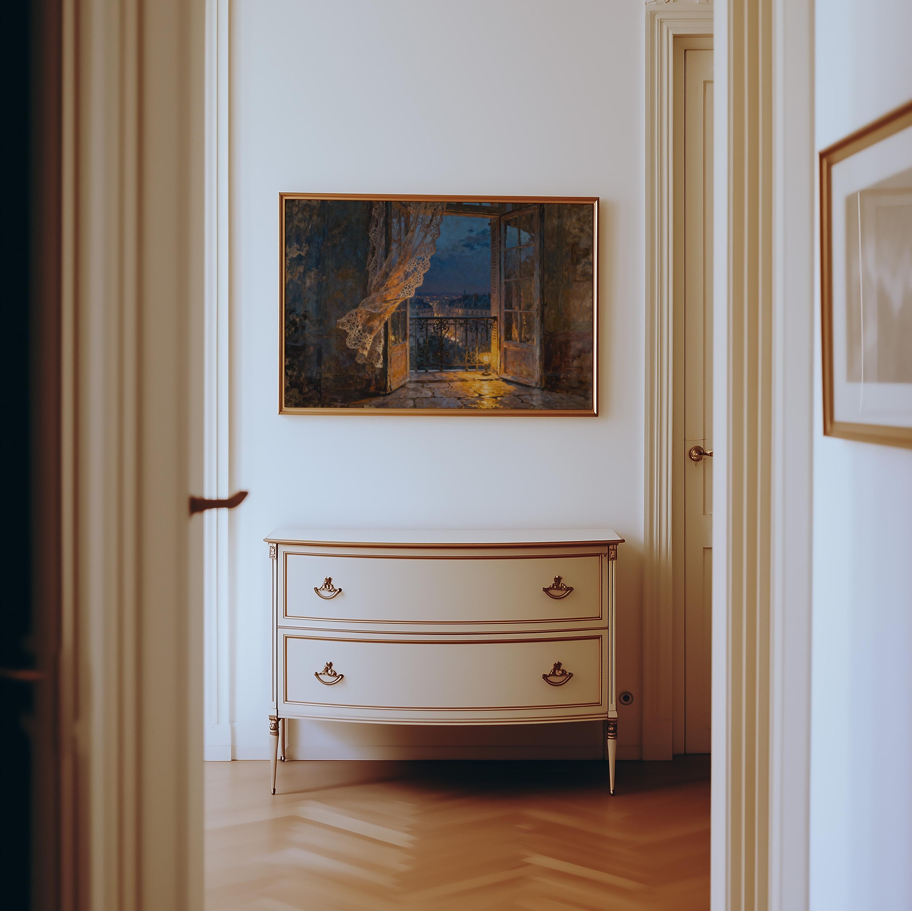 a hallway with a white dresser and a framed painting hanging on the wall above it.