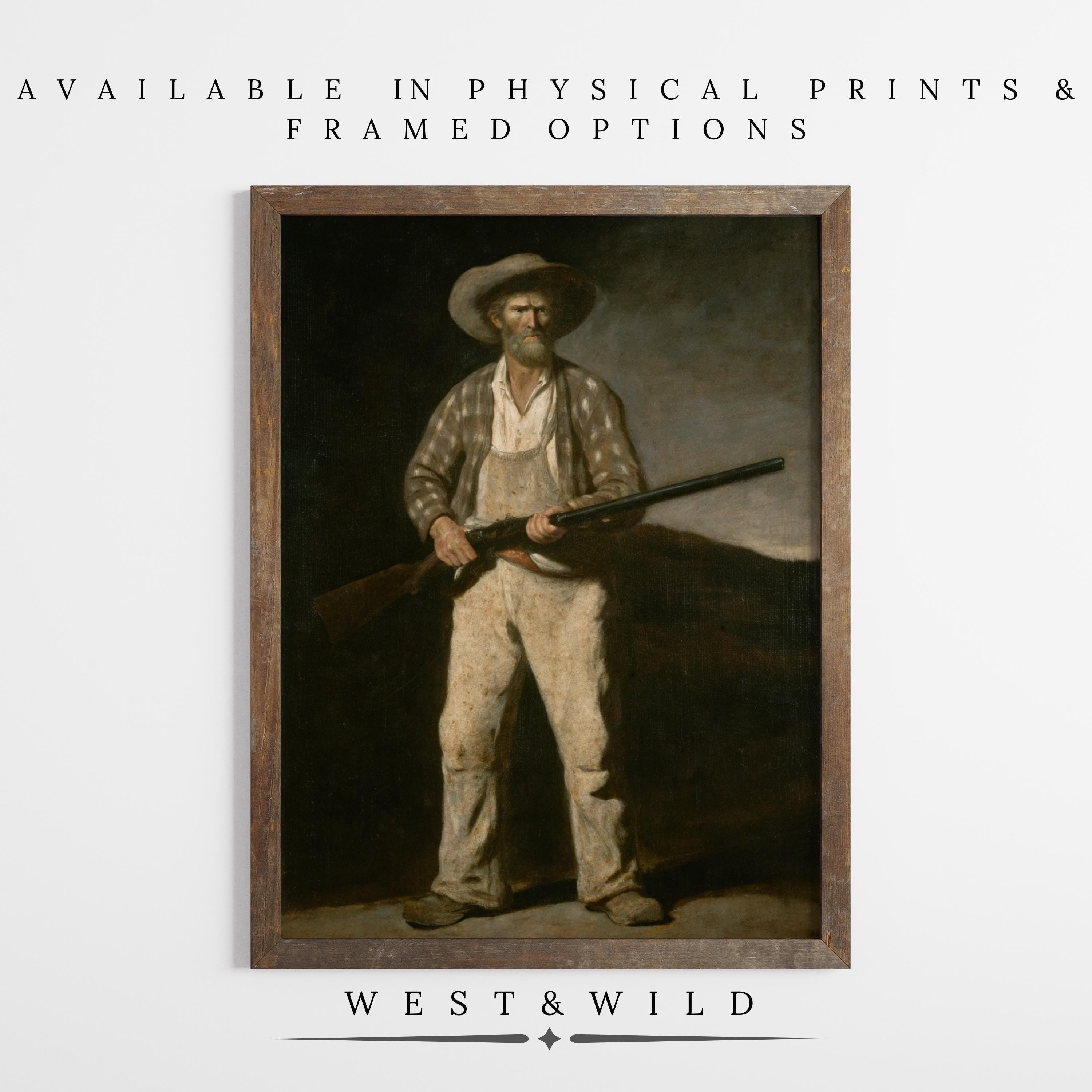 The Vintage Farmer Art Print – Rustic Wall Decor features a rugged man in a hat holding a rifle, shown against a white background. Available in physical prints & framed options, with "West & Wild" below the frame.