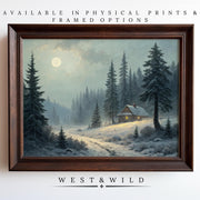 The Cozy Cabin Wall Art features a snowy cabin in a moonlit pine forest, glowing warmly. Available as Vintage Art Prints or Framed Art. Discover the Rustic Cabin Artwork from the WEST & WILD ART ARCHIVE – Moonlight Forest Landscape Prints.