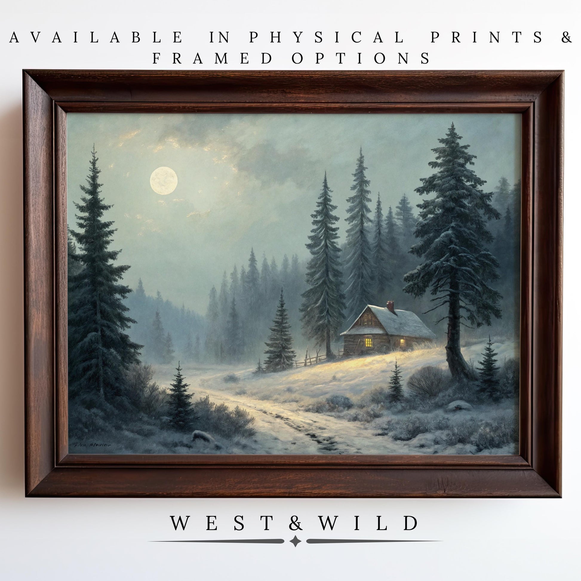 The Cozy Cabin Wall Art features a snowy cabin in a moonlit pine forest, glowing warmly. Available as Vintage Art Prints or Framed Art. Discover the Rustic Cabin Artwork from the WEST & WILD ART ARCHIVE – Moonlight Forest Landscape Prints.