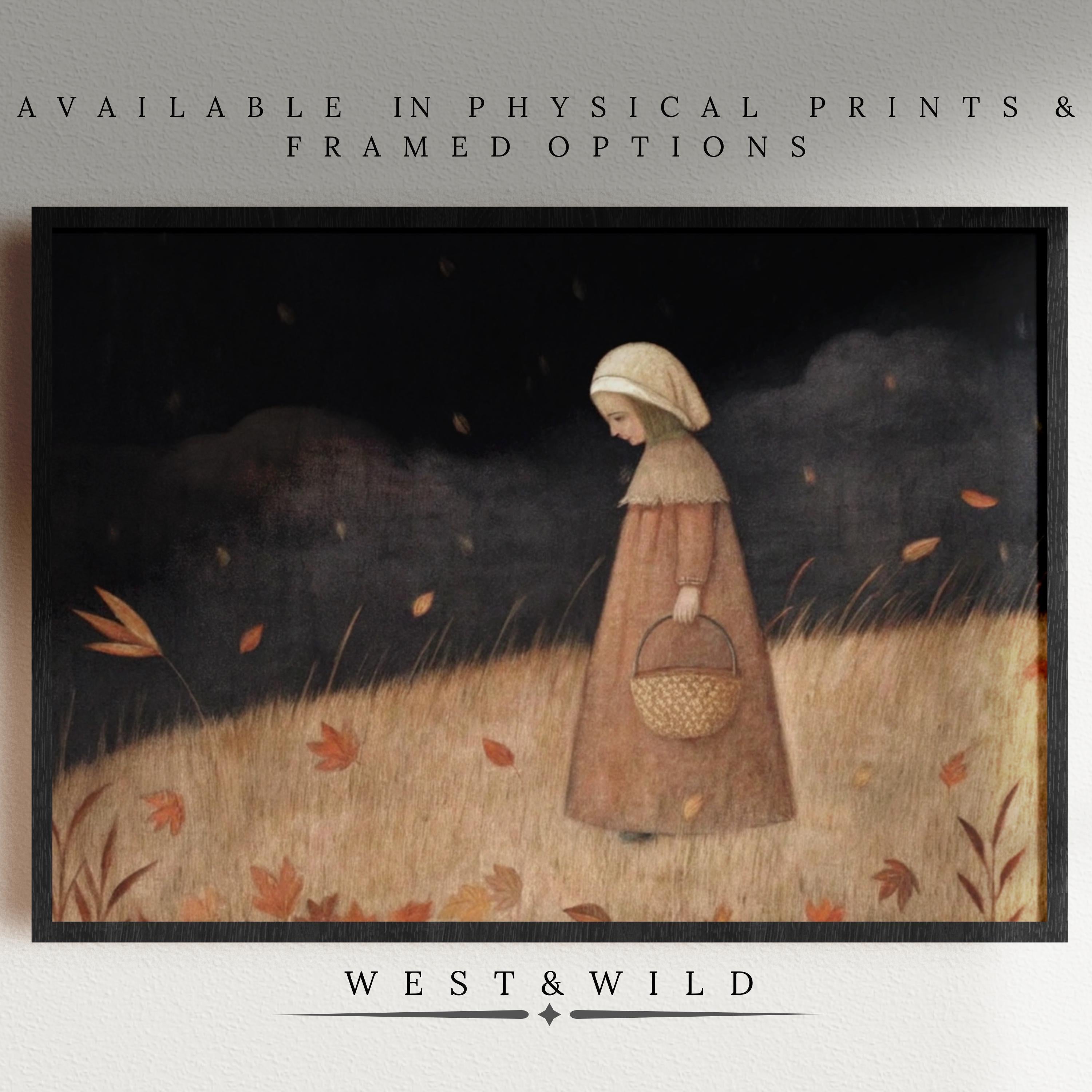The "Folk Art Print - Girl With Basket In Autumn Night" features a girl in vintage attire walking through autumn grass. Available as archival quality prints & framed art from West & Wild Art Archive—perfect rustic farmhouse wall decor.