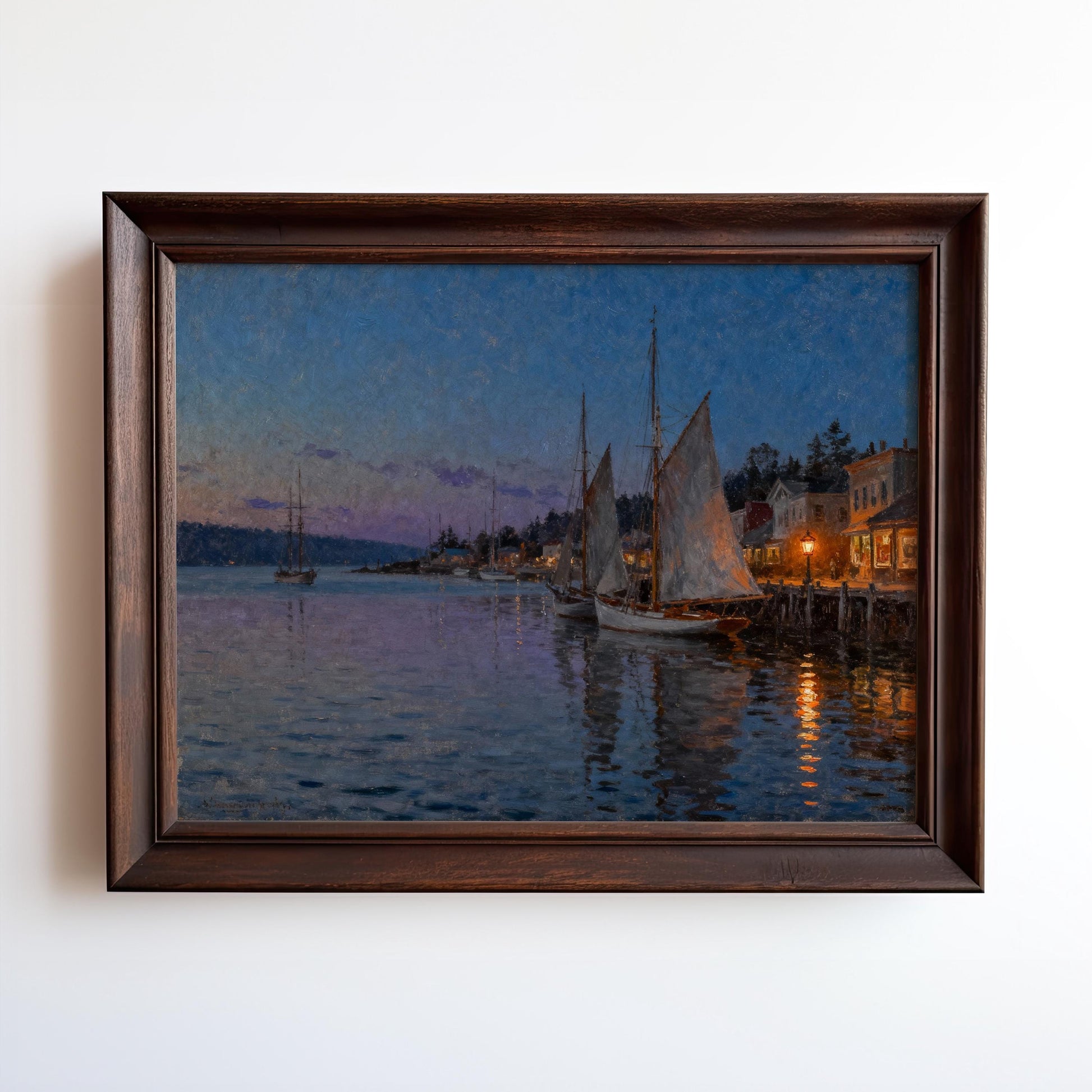 The image is a painting depicting a serene harbor scene at dusk, with sailboats gently floating on the calm water under a darkening sky.