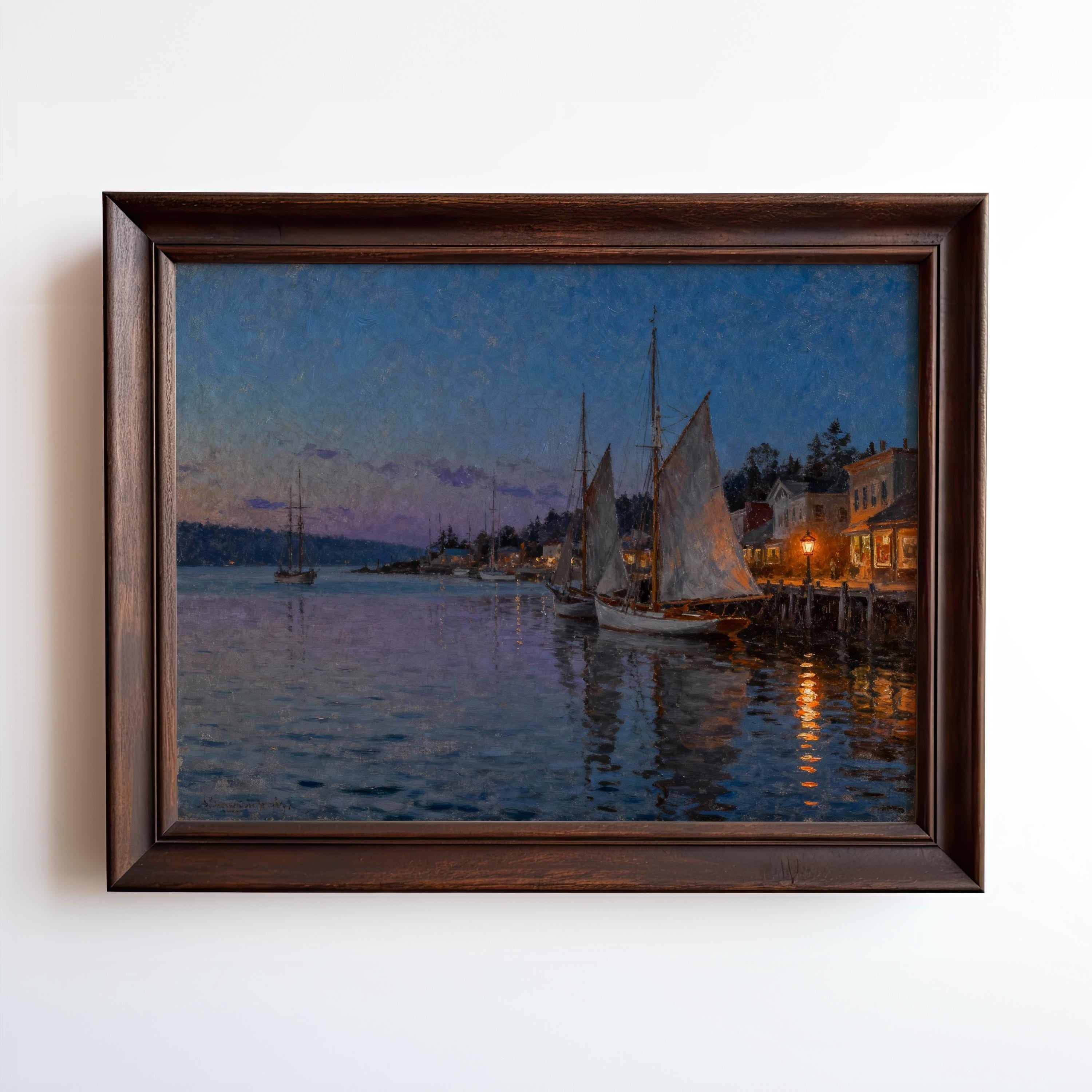 The image is a painting depicting a serene harbor scene at dusk, with sailboats gently floating on the calm water under a darkening sky.