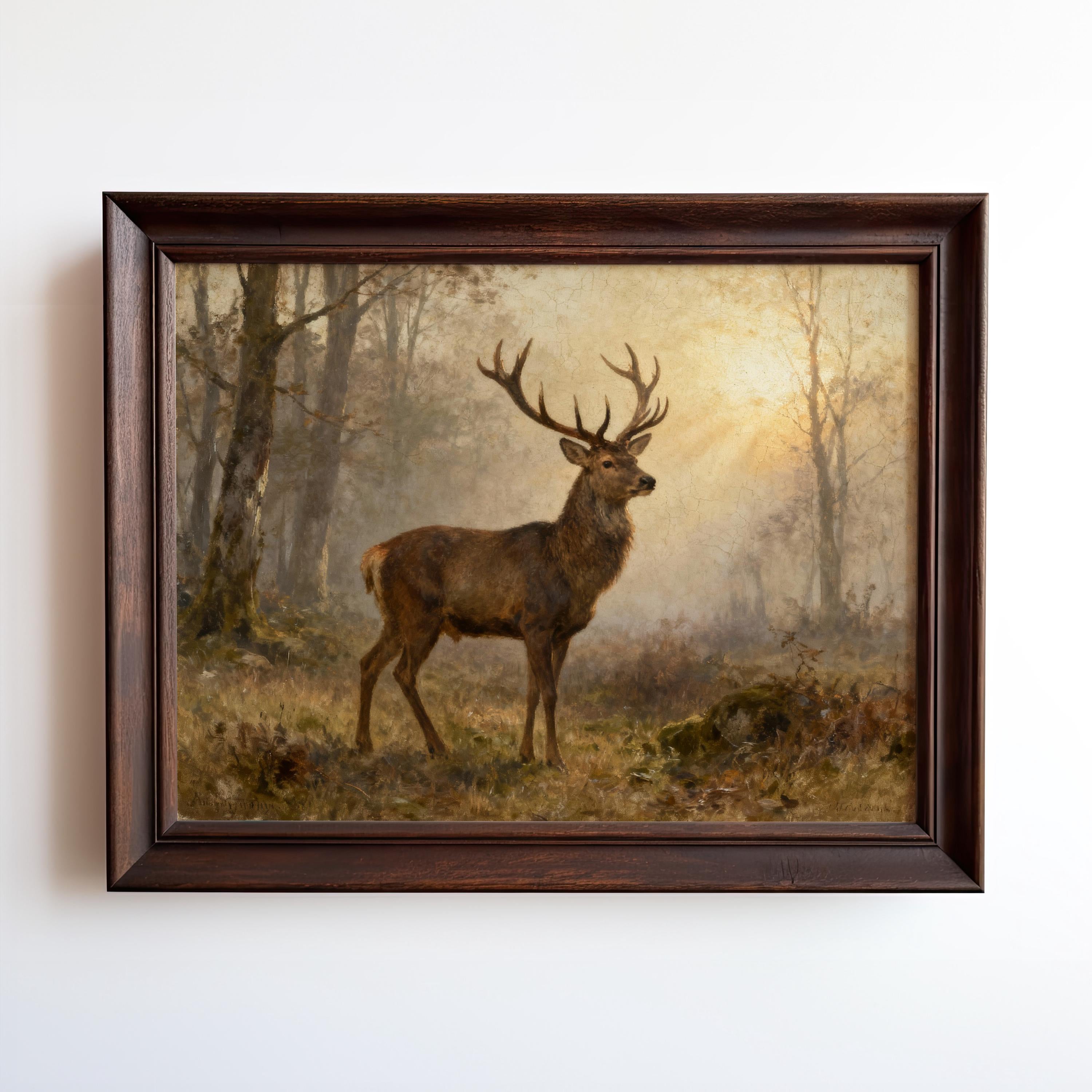 Enhance your rustic cabin decor with the Stag Art Print – Vintage Woodland Wall Art featuring a majestic stag in a misty forest, framed and ready to hang for instant vintage charm.