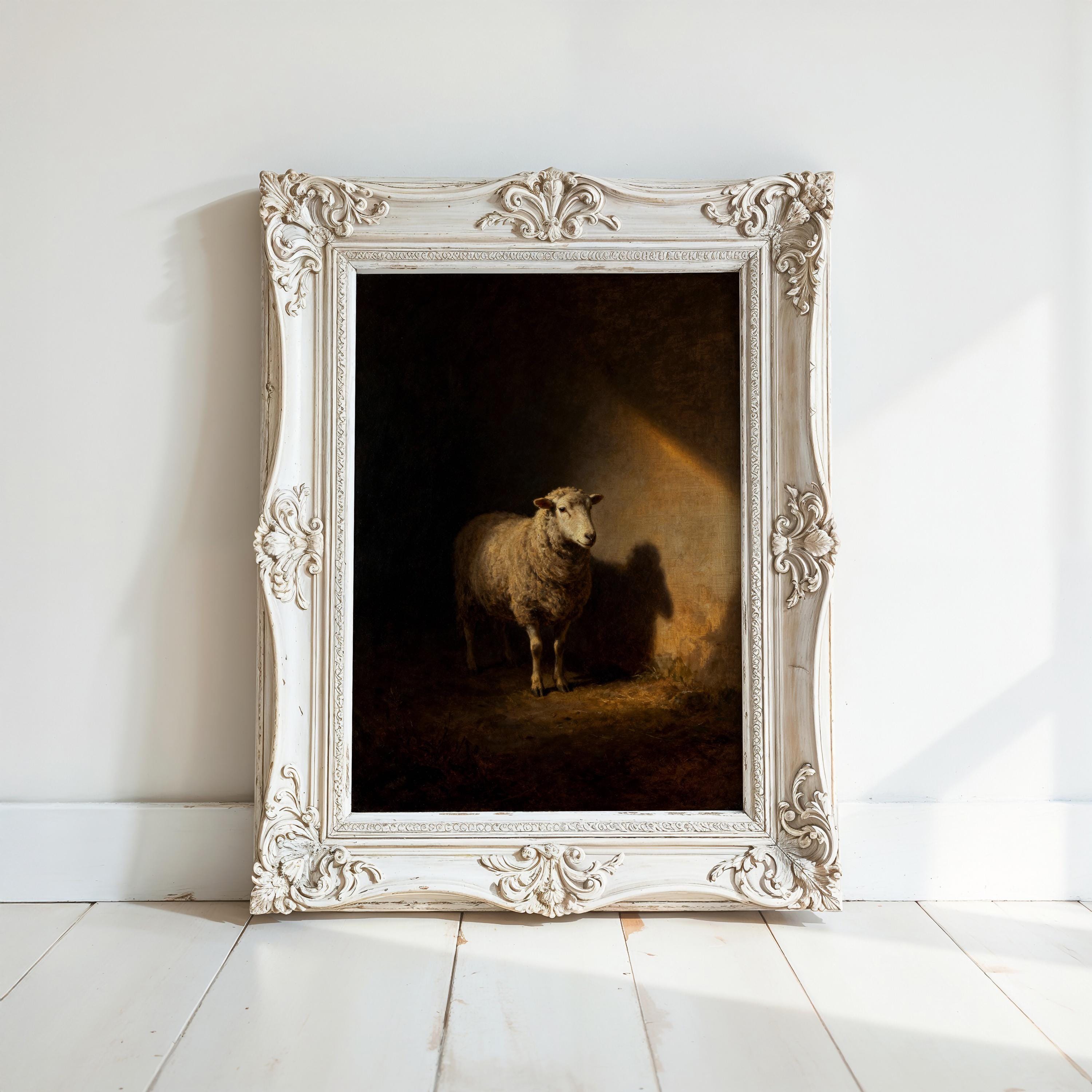 a white ornate frame containing a painting of a sheep standing in a dark, shadowy environment.