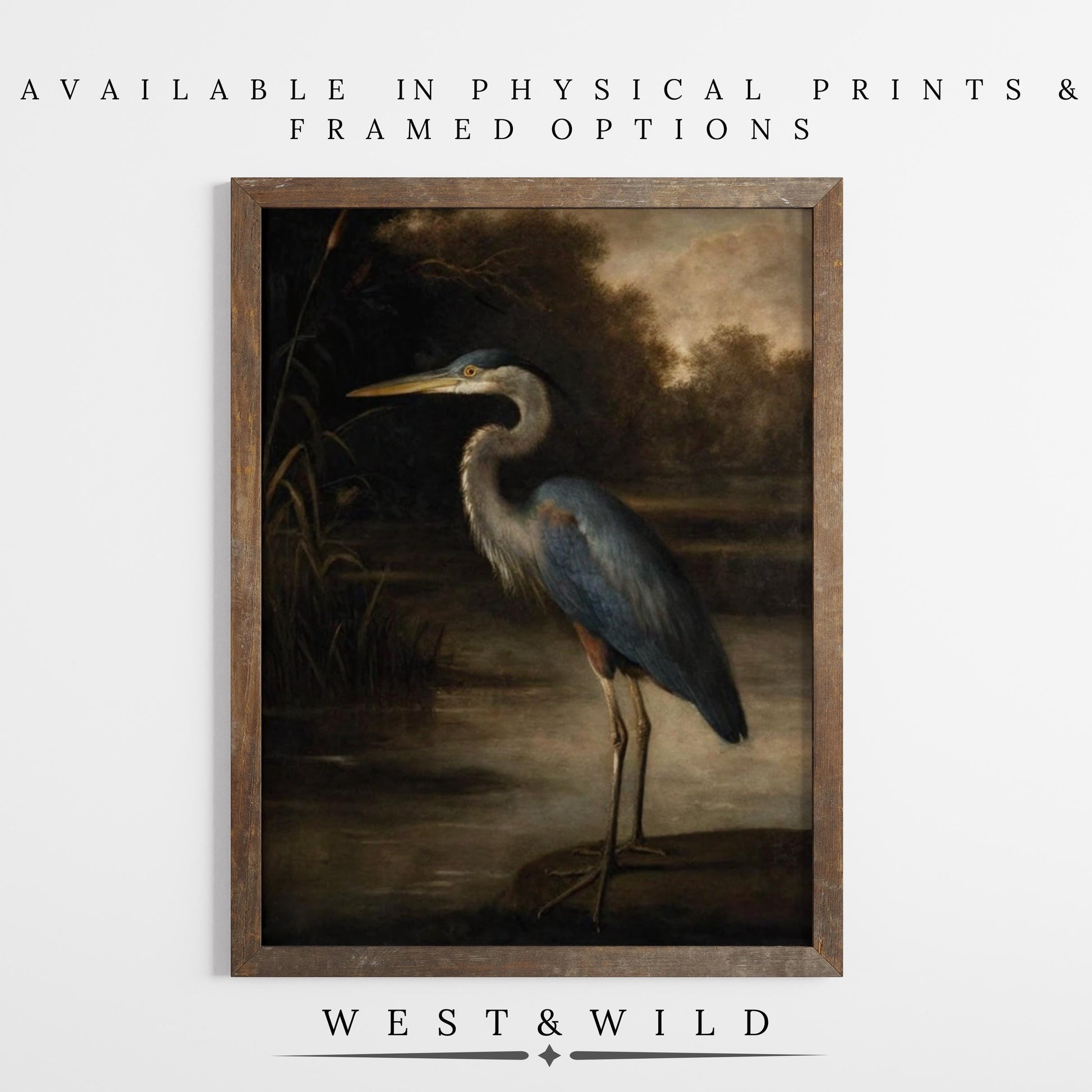 Blue Heron Wall Art | Framed Blue Heron Print features a blue heron by serene waters with reeds and trees. Available as archival-quality vintage art prints and framed art by West & Wild. Coastal nature decor option.