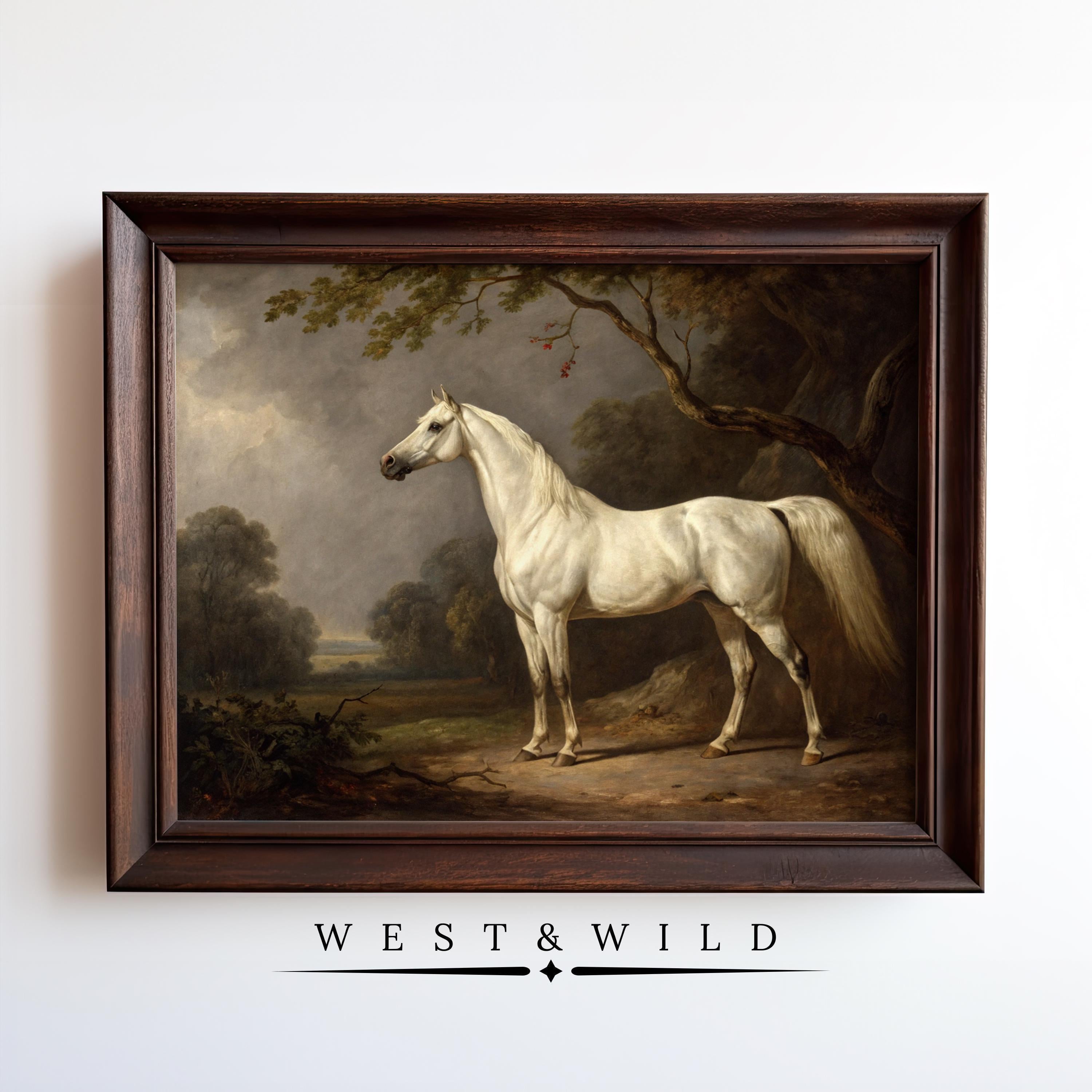 A framed Vintage Horse Painting from the West & Wild Art Archive, featuring a white horse in a wooded landscape. Ideal equestrian wall art for girls nursery decor. "WEST & WILD" appears in black with decorative lines and a diamond below the frame.