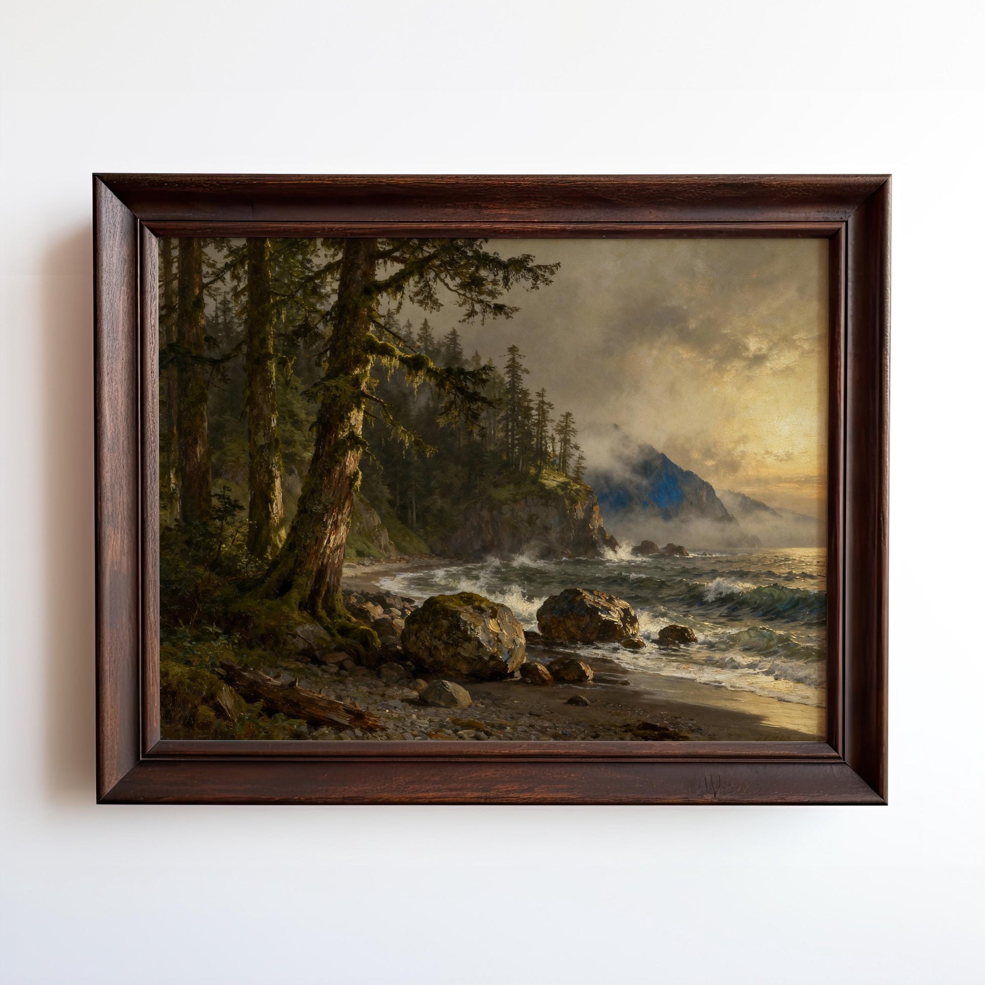The image is a framed painting depicting a serene coastal landscape with a rocky shore, lush trees, and a body of water with waves crashing against the shore.