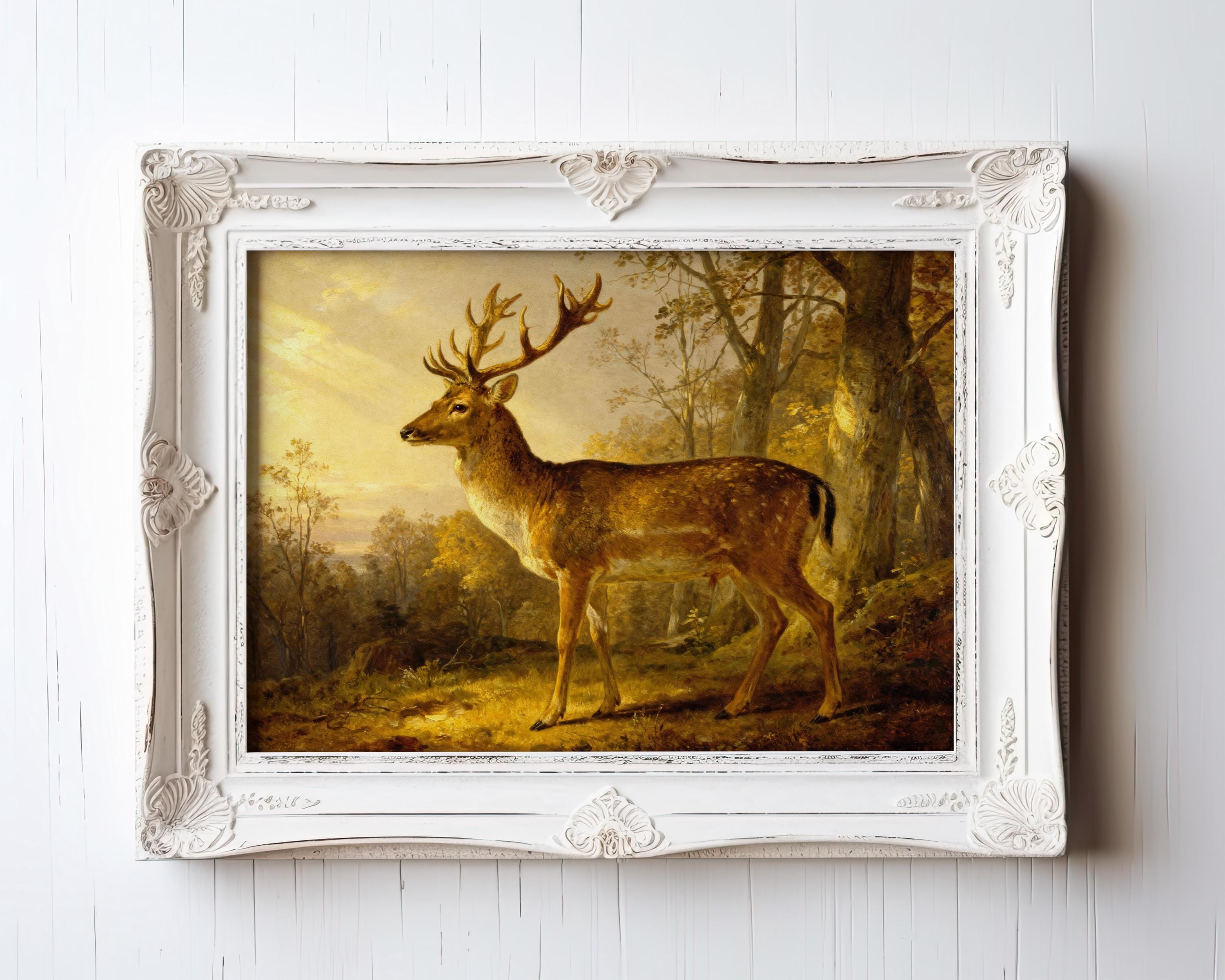 A painting of a deer standing in a forest, with a warm, golden glow from the setting sun.