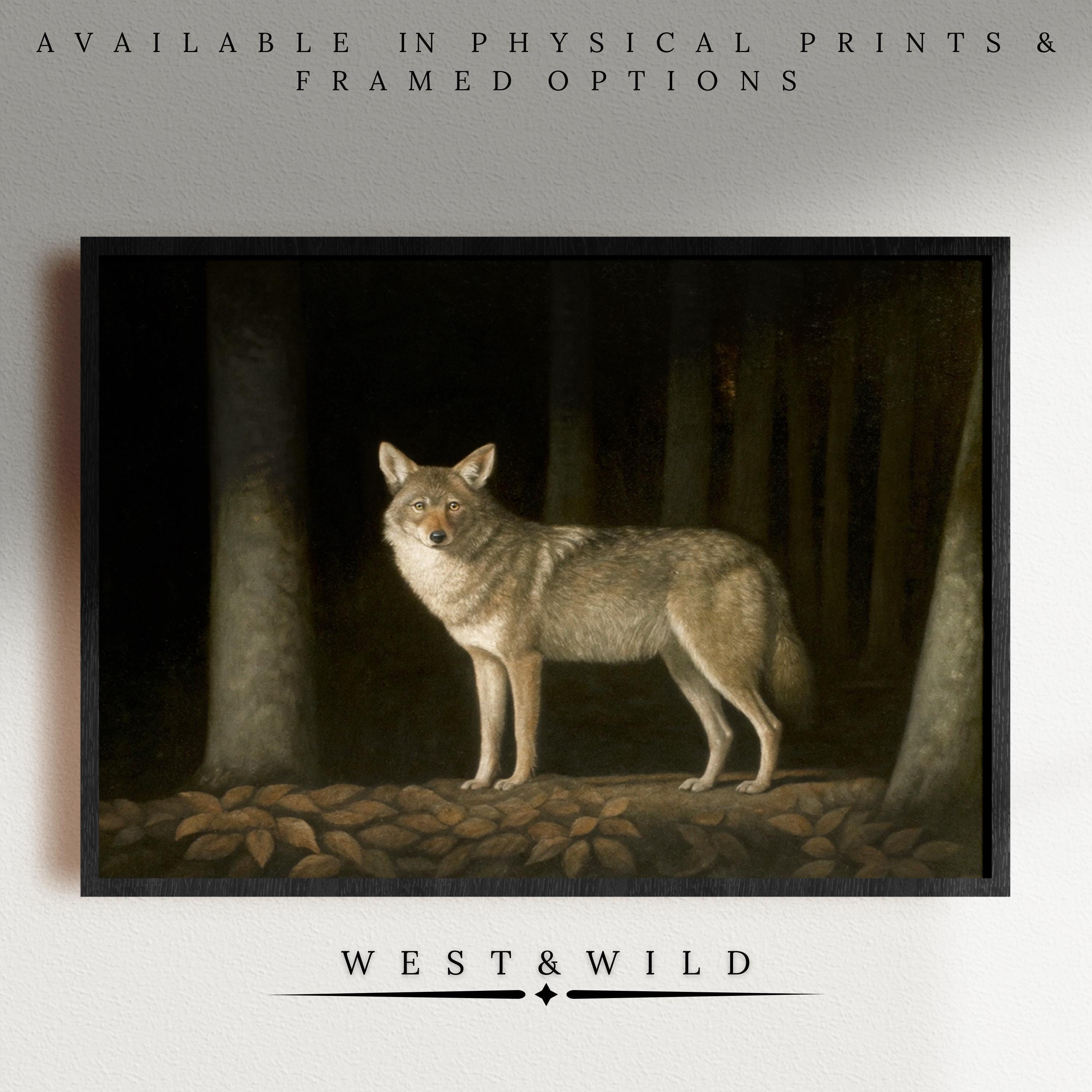 A framed "Wolf Portrait Print - Moody Forest Art" in earth tones shows a lone wolf on leaf-covered ground in a dark forest, displayed on a white wall. Above: Available in archival quality prints & framed options. Below: West & Wild.