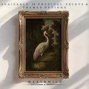 Crane Bird Art Prints – Vintage Waterfowl Art features a white crane in a pond with trees, sunlight casting shadows on the wall. AVAILABLE IN PHYSICAL PRINTS & FRAMED OPTIONS. WEST & WILD.