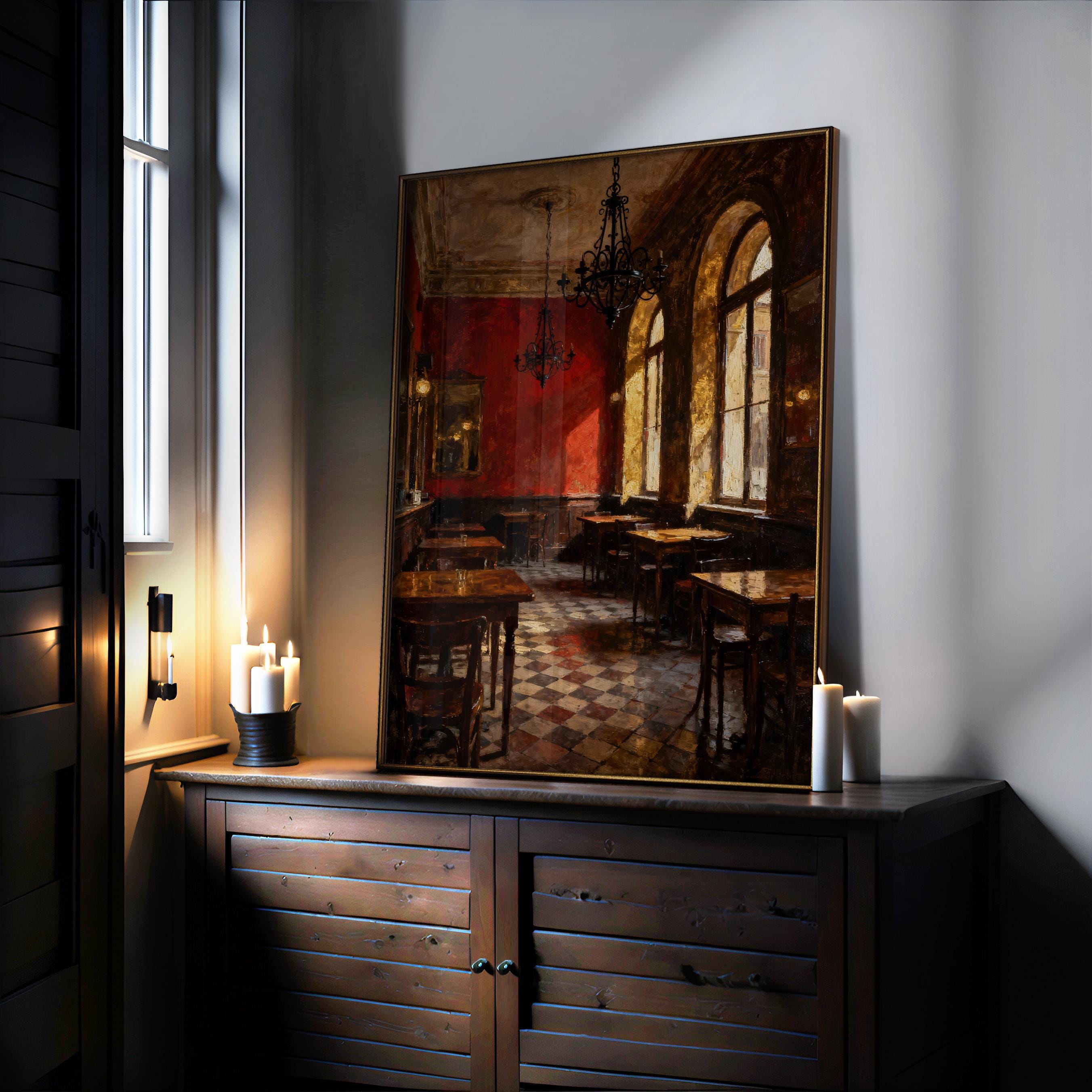 a cozy and inviting restaurant interior, with a large painting of the dining area hanging on the wall. The painting features a checkered floor and wooden tables and chairs, creating a warm and rustic atmosphere. The room is illuminated by candlelight, adding a touch of elegance and charm to the scene.